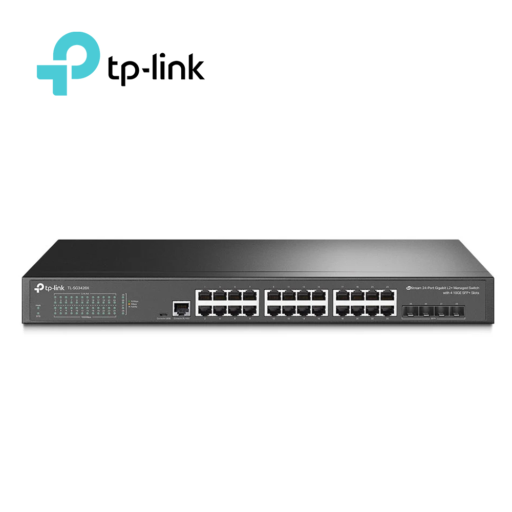 SWITCH ADMINISTRABLE TP-LINK SG3428X / 24 PUERTOS RJ45 10/100/1000 MBPS + 4 PUERTOS 10 GIGA SFP+ / ADMINISTRACION CENTRALIZADA CON OMADA / CARCASA METALICA IDEAL PARA RACK / USO INTERIOR