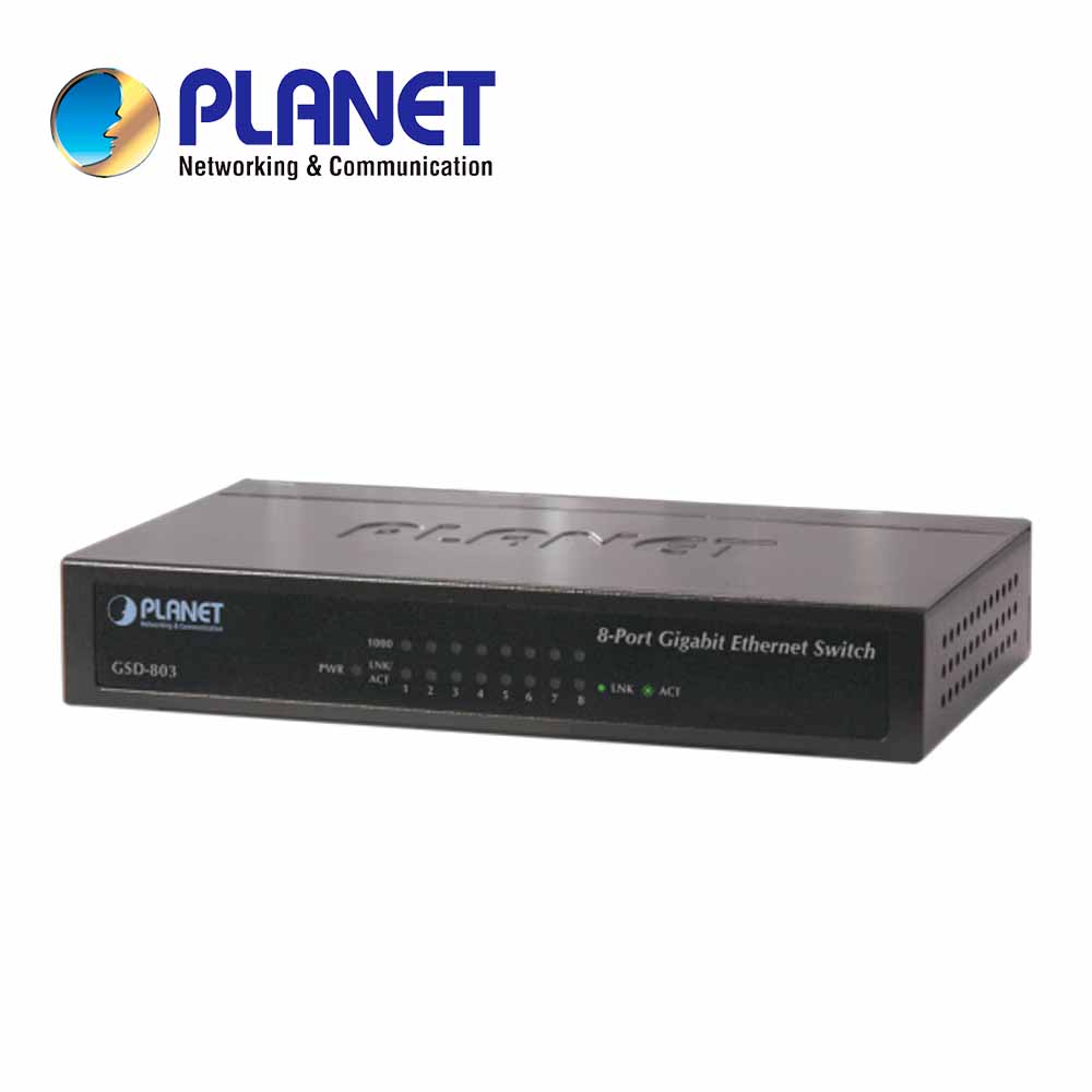 SWITCH NO ADMINISTRABLE 8 PUERTOS GIGA GSD-803 PLANET / 8 PUERTOS AUTO MDI/MID-X / VELOCIDAD DE TRANSMISION 10/100/1,000MBPS / METALICO / 5V VCD-1A / 4.2W DE CONSUMO / 11,9 MBPS / CASA-OFICINA