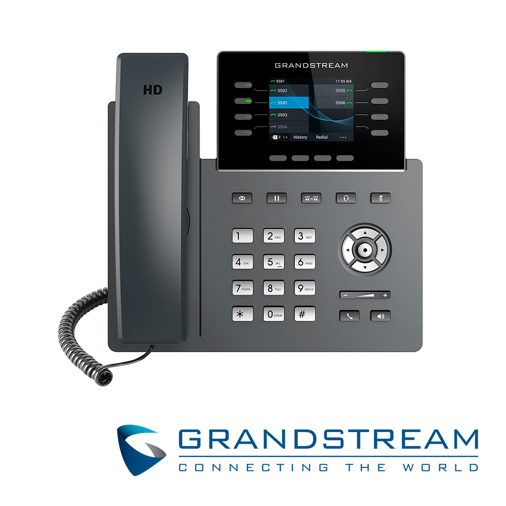 Telefono IP Grado Carrier Wifi 6 Grandstream Grp2624 / 12 Cuentas Sip / 8 Lineas / 8 Teclas De Lineas / Pantalla Color LCD Tft / 2 Puertos 10/100/1,000MBPS / Wifi 802.11AC/AX / Alimentacion POE Af / 12VCD/1A
