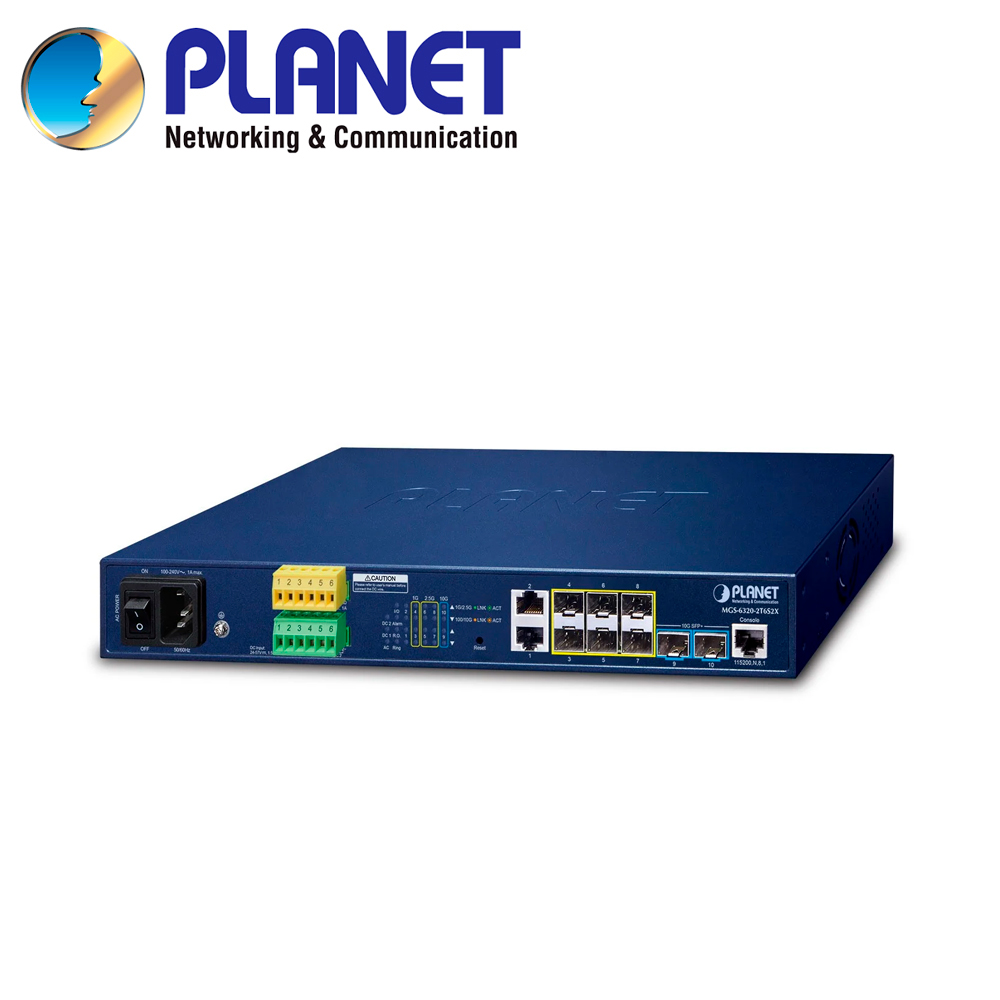 SWITCH ADMINISTRABLE L3 PLANET MGS-6320-2T6S2X / 2 PUERTOS RJ45 10/100/1,000MBPS / 2 PUERTOS SFP 100/1,000MBPS / 4 PUERTOS SFP 100M/1/2.5GBPS / 2 PUERTOS SFP+ 1/2.5/10GBPS / 1 PUERTO CONSOLA / 2 ENTRADAS/SALIDAS ALARMA DIGITAL / DOBLE FUENTE ALIMENTACION 100-240VCA/24-57VCD