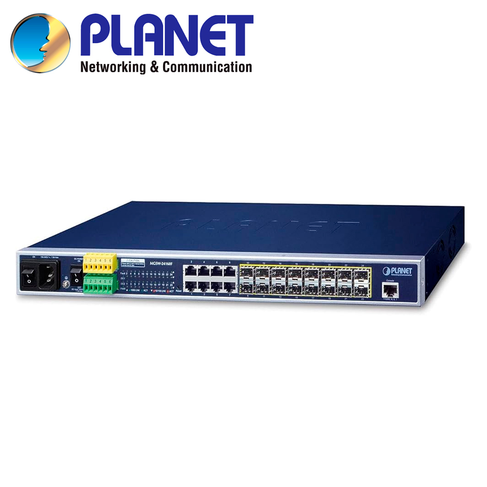 SWITCH ADMINISTRABLE L2+ PLANET MGSW-24160F / 8 PUERTOS RJ45 10/100/1,000MBPS / 12 PUERTOS SFP 100/1,000MBPS / 4 PUERTOS SFP 100M/1/2.5/10GBPS / 1 PUERTO CONSOLA / 2 ENTRADAS/SALIDAS ALARMA DIGITAL / DOBLE FUENTE ALIMENTACION 100-240VCA/36-60VCD