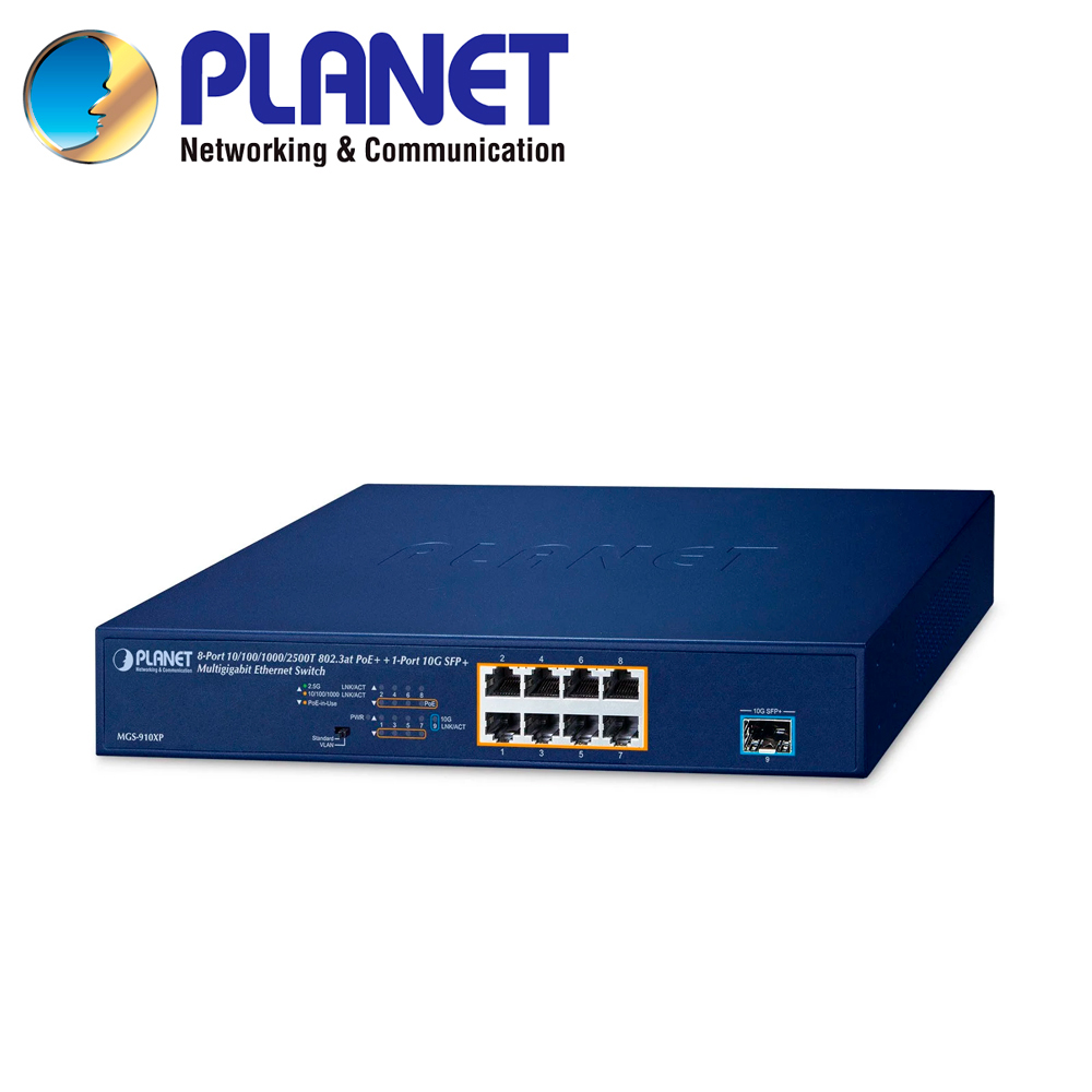 SWITCH POE NO-ADMINISTRABLE PLANET MGS-910XP / 8 PUERTOS RJ45 POE AF/AT 10M/100M/1G/2.5GBPS / 1 PUERTO SFP+ 10GBPS / BUDGET POE 120W / FUENTE ALIMENTACION 100-240VCA