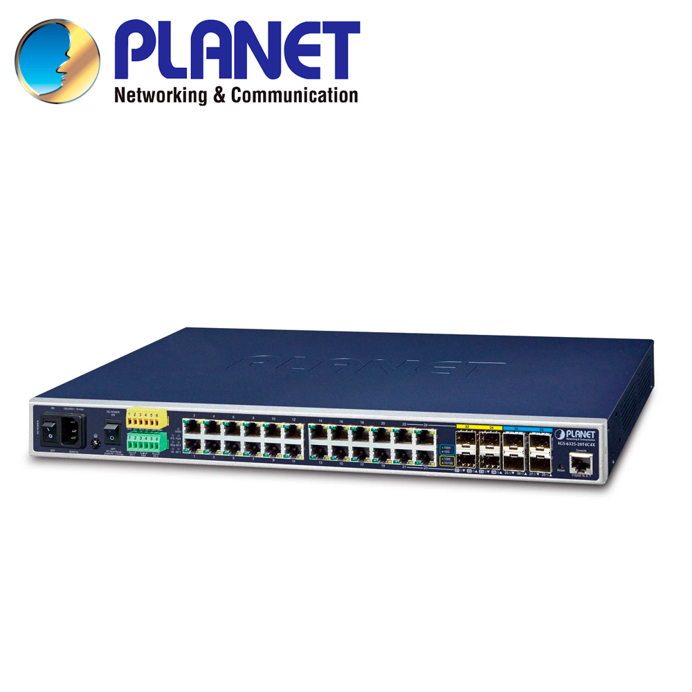 SWITCH INDUSTRIAL ADMINISTRABLE L3 PLANET IGS-6325-20T4C4X / 24 PUERTOS RJ45 10/100/1,000MBPS / 4 PUERTOS SFP 100/1,000MBPS / 4 PUERTOS SFP+1/2.5/10GBPS / 1 PUERTO CONSOLA / OSPF ROUNTING / MODBUS TCP / 2 ENTRADAS/SALIDAS ALARMA DIGITAL / DOBLE FUENTE ALIMENTACION 100-240VCA/24-60VCD / TEMPERATURA DE OPERACION -40 - 75 GRADOS CELSIUS