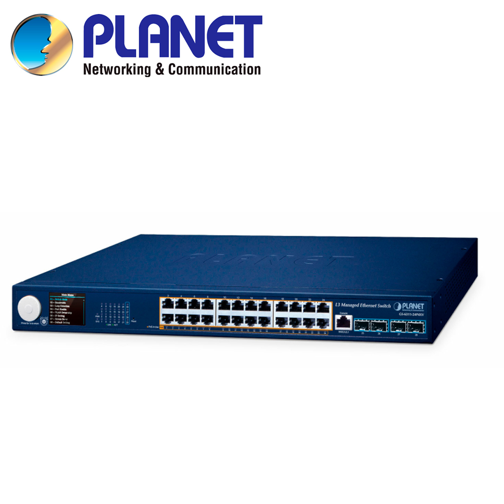 Switch POE Administrable L3 Planet Gs-6311-24p4xv / 24 Puertos RJ45 POE Af/at 10M/100M/1,000M/2.5GBPS / 4 Puertos Sfp+ 1/10GBPS / 1 Puerto Consola / Budget POE 370W / Anillo Erps / Igmp Acl Mld / Ospf V2 Rounting Dinamico / Pantalla Inteligente E Intuitiva LCD 2