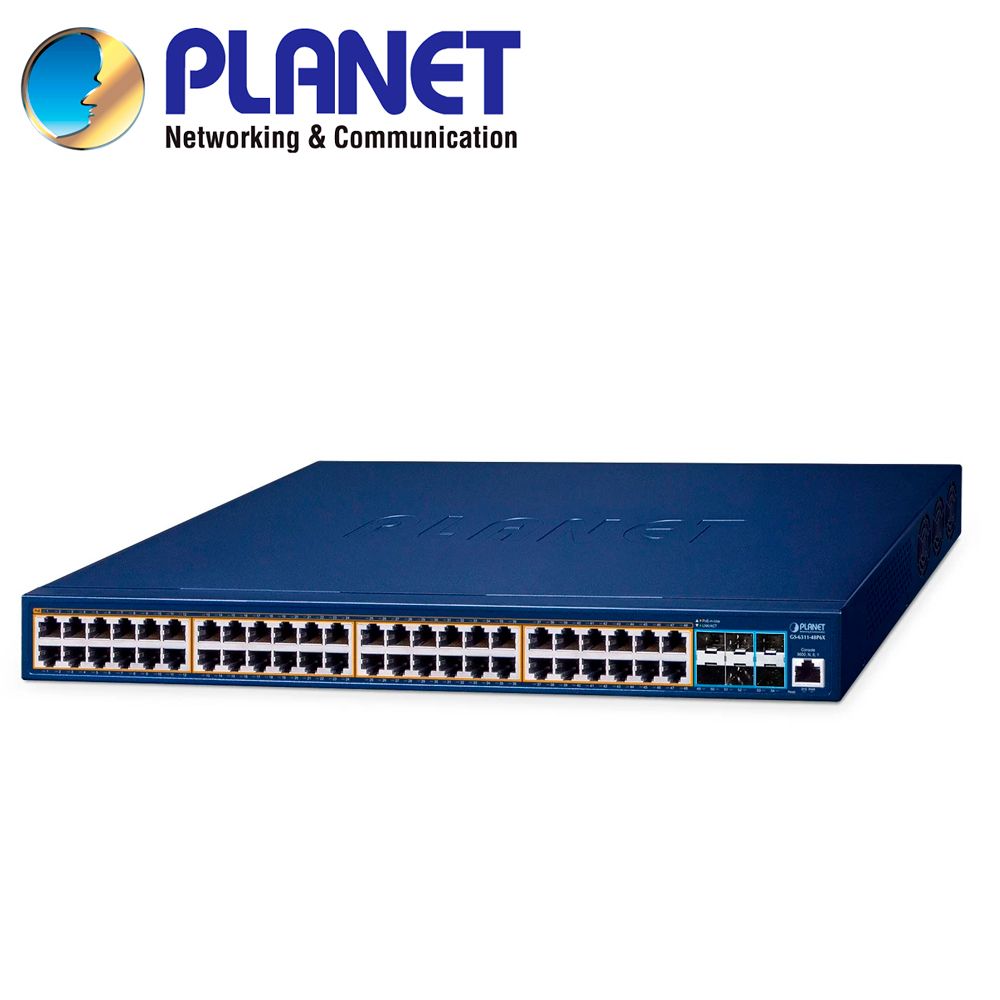 SWITCH POE ADMINISTRABLE L3 PLANET GS-6311-48P6X / 48 PUERTOS RJ45 POE AF/AT 10M/100M/1,000M/2.5GBPS / 6 PUERTOS SFP+ 1/10GBPS / 1 PUERTO CONSOLA / BUDGET POE 500W / ANILLO ERPS / IGMP ACL MLD / OSPF V2 ROUNTING DINAMICO / FUENTE DE ALIMENTACION 100-240VCA