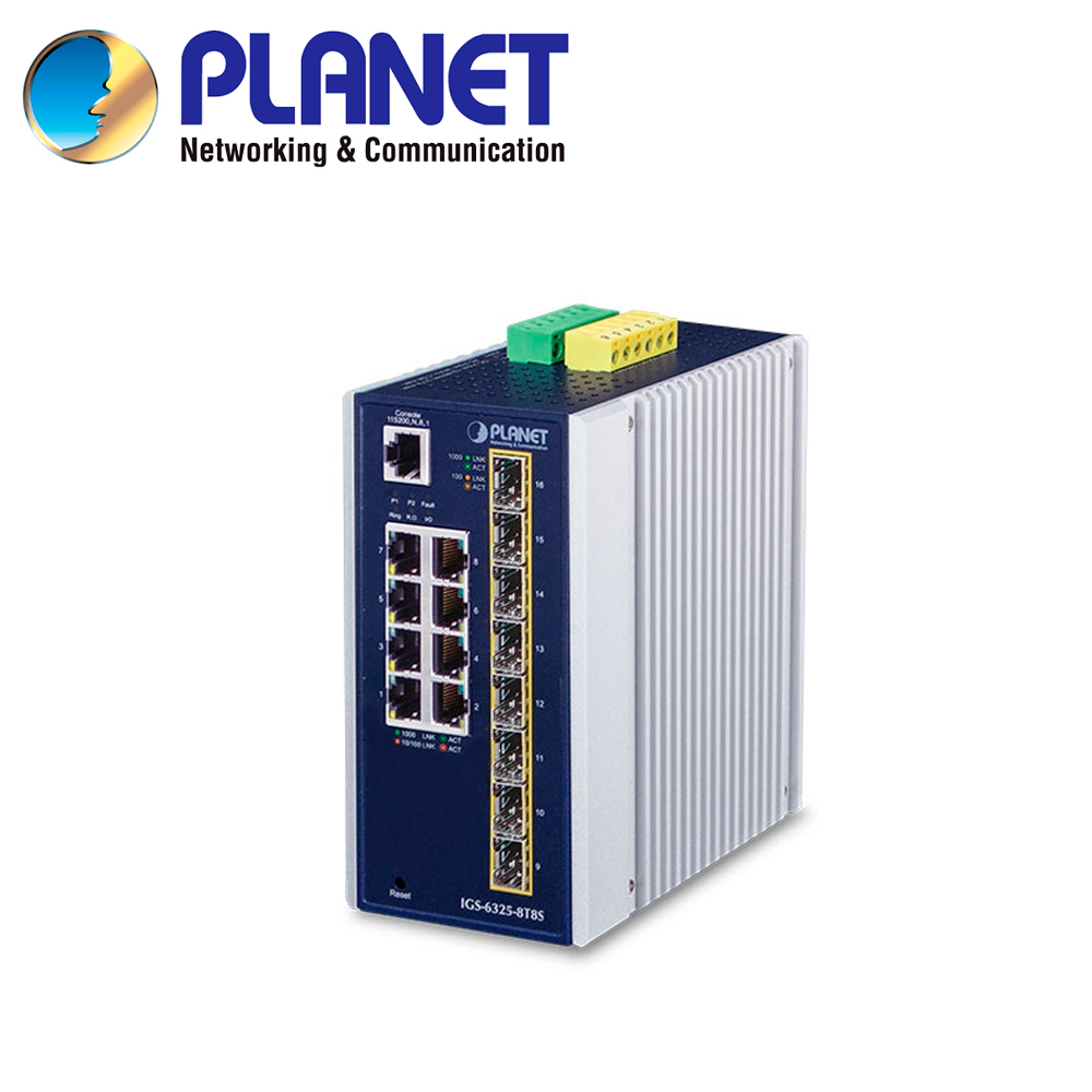 SWITCH INDUSTRIAL ADMINISTRABLE L3 PLANET IGS-6325-8T8S / 8 PUERTOS RJ45 10/100/1,000MBPS / 8 PUERTOS SFP 100M/1/2.5GBPS / 2 ENTRADAS/SALIDAS ALARMA DIGITAL / ANILLO ERPS MODBUS TCP / 1588 PTP / ALIMENTACION 12-48VCD/24VCA / INSTALACION EN DIN-RAIL/PARED / TEMPERATURA OPERACION -40 -75 GRADOS CELSIUS
