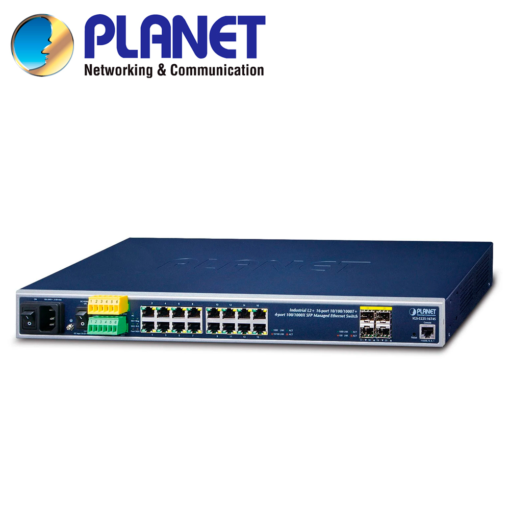 SWITCH INDUSTRIAL ADMINISTRABLE L2+ PLANET IGS-5225-16T4S / 16 PUERTOS RJ45 10/100/1,000MBPS / 4 PUERTOS SFP 100/1,000MBPS / 1 PUERTO CONSOLA / 2 ENTRADAS/SALIDAS ALARMA DIGITAL / ANILLO ERPS / NMS / ROUTING ESTATICO / FUENTE DE ALIMENTACION REDUNDANTE 100-240VCA/36-60VCD