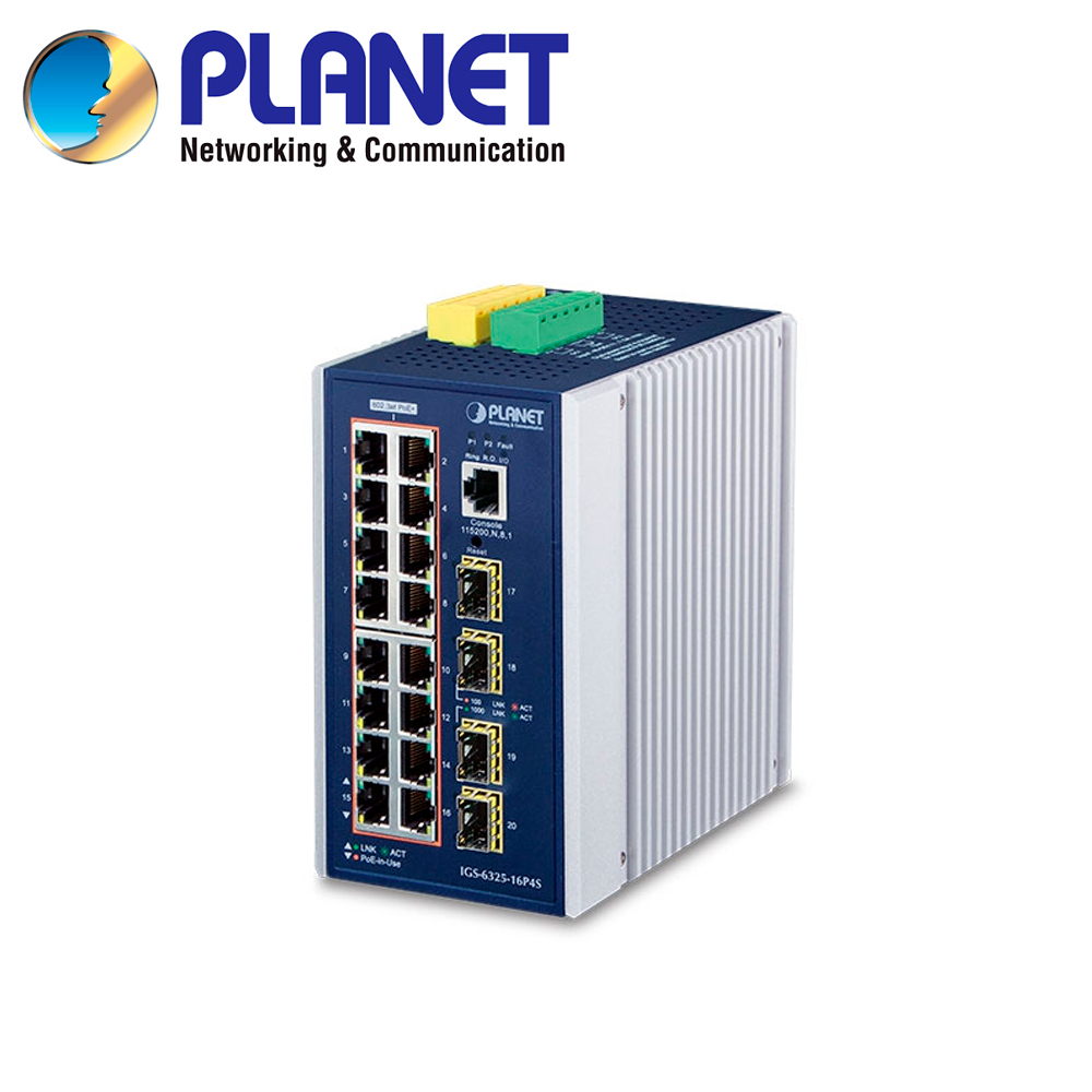 SWITCH INDUSTRIAL POE ADMINISTRABLE L3 PLANET IGS-6325-16P4S / 16 PUERTOS RJ45 POE AF/AT 10/100/1,000MBPS / 4 PUERTOS SFP 1/2.5GBPS / 1 PUERTO CONSOLA / 2 ENTRADAS/SALIDAS ALARMA DIGITAL / ANILLO ERPS MODBUS TCP / 1588 PTP / ALIMENTACION REDUNDANTE 48-54VCD / INSTALACION EN DIN-RAIL/PARED / TEMPERATURA OPERACION -40 -75 GRADOS CELSIUS