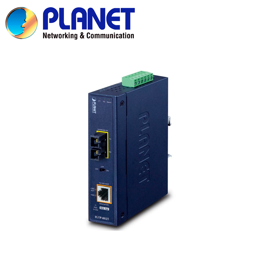 Convertidor De Medios POE Multimodo Industrial Planet Igtp-802t / 1 Puerto RJ45 Poeaf/at 10/100/1,000MBPS / 1 Puerto Optico Sc 1,000MBPS 50/120MICRAS Multimodo / Distancia Hasta 550 Metros / Alimentacion 12-48VCD / Montaje Din-rail/pared / Temperatura Operacion -45 - 75 Grados Celsius