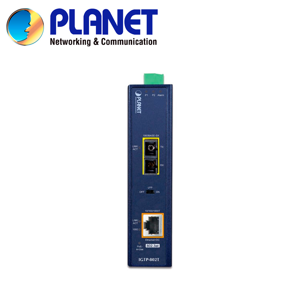 Convertidor De Medios POE Multimodo Industrial Planet Igtp-802t / 1 Puerto RJ45 Poeaf/at 10/100/1,000MBPS / 1 Puerto Optico Sc 1,000MBPS 50/120MICRAS Multimodo / Distancia Hasta 550 Metros / Alimentacion 12-48VCD / Montaje Din-rail/pared / Temperatura Operacion -45 - 75 Grados Celsius