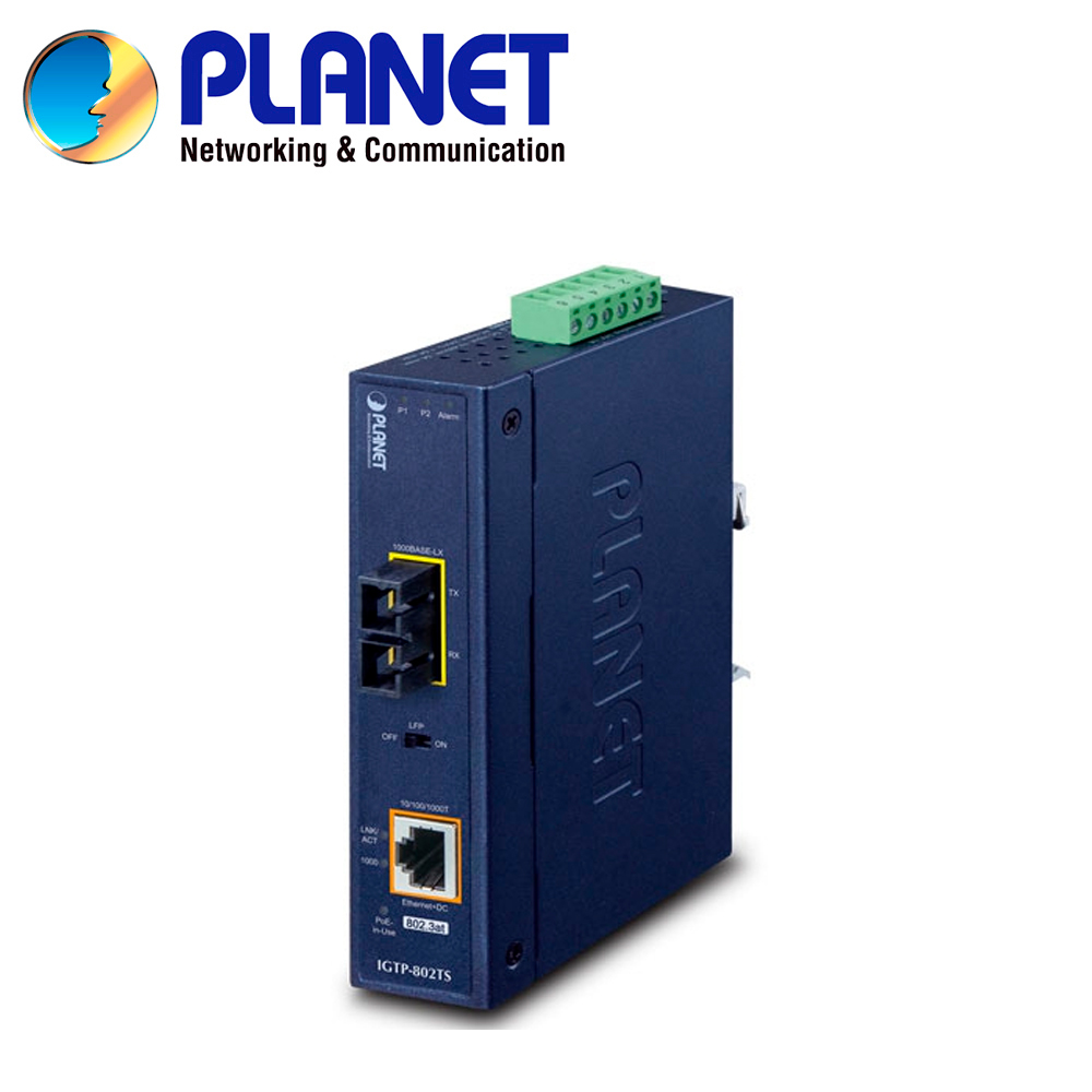 CONVERTIDOR DE MEDIOS POE MONOMODO INDUSTRIAL PLANET IGTP-802TS / 1 PUERTO RJ45 POEAF/AT 10/100/1,000MBPS / 1 PUERTO OPTICO SC 1,000MBPS 9/125MICRAS MONOMODO / DISTANCIA HASTA 20 KILOMETROS / ALIMENTACION 12-48VCD / MONTAJE DIN-RAIL/PARED / TEMPERATURA OPERACION -45 - 75 GRADOS CELSIUS