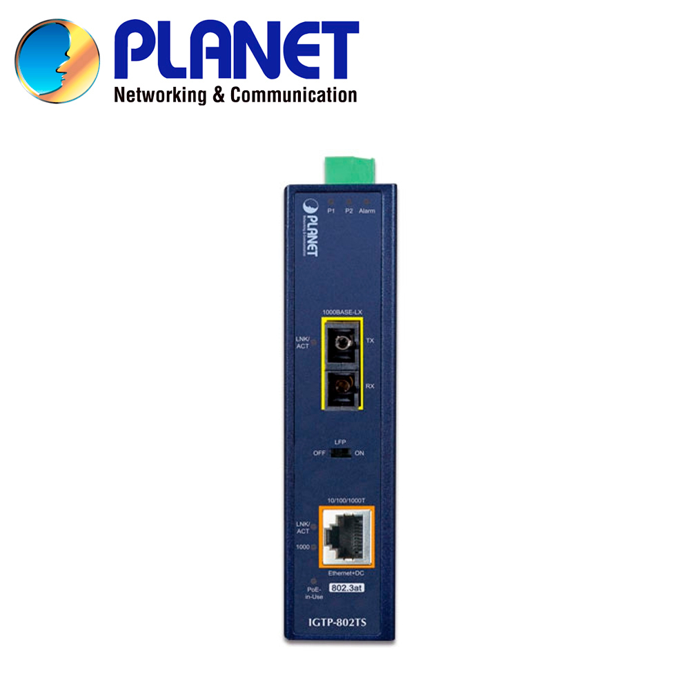Convertidor De Medios POE Monomodo Industrial Planet Igtp-802ts / 1 Puerto RJ45 Poeaf/at 10/100/1,000MBPS / 1 Puerto Optico Sc 1,000MBPS 9/125MICRAS Monomodo / Distancia Hasta 20 Kilometros / Alimentacion 12-48VCD / Montaje Din-rail/pared / Temperatura Operacion -45 - 75 Grados Celsius