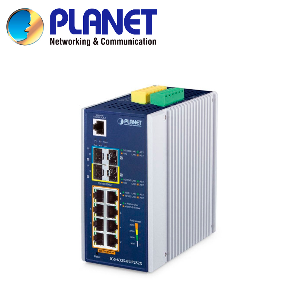 SWITCH INDUSTRIAL POE ADMINISTRABLE L3 PLANET IGS-6325-8UP2S2X / 8 PUERTOS RJ45 POE++ AF/AT/BT 10/100/1,000MBPS / 2 PUERTOS SFP 100/1,000MBPS / 2 PUERTOS SFP+ 1/2.5/10GBPS / 1 PUERTO CONSOLA / 2 ENTRADAS/SALIDAS ALARMA DIGITAL / BUDGET POE 240W / OSPF ROUTING / MODBUS / ANILLO ERPS / ONVIF / DOBLE FUENTE ALIMENTACION 48-54VCD / TEMPERATURA OPERACION -40 - 75 GRADOS CELSIUS