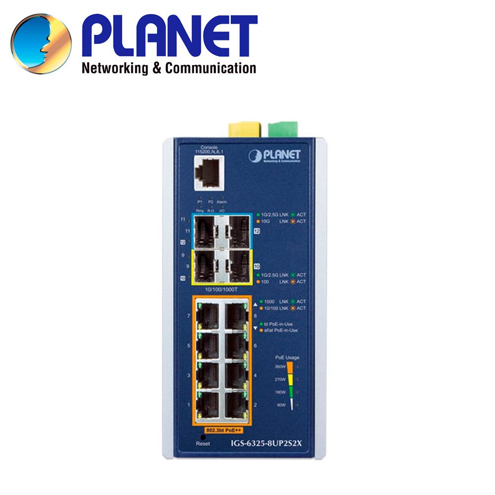 Switch Industrial POE Administrable L3 Planet Igs-6325-8up2s2x / 8 Puertos RJ45 Poe++ Af/at/bt 10/100/1,000MBPS / 2 Puertos SFP 100/1,000MBPS / 2 Puertos Sfp+ 1/2.5/10GBPS / 1 Puerto Consola / 2 Entradas/salidas Alarma Digital / Budget POE 240W / Ospf Routing / Modbus / Anillo Erps / ONVIF / Doble Fuente Alimentacion 48-54VCD / Temperatura Operacion -40 - 75 Grados Celsius