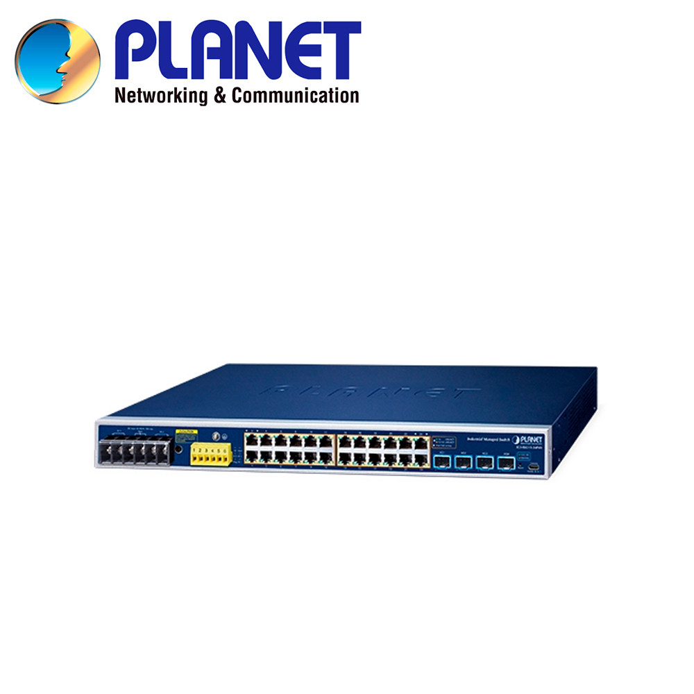 Switch Industrial POE Administrable L2+ Planet Igs-r4215-24p4x / 24 Puertos RJ45 Poeaf/at 10/100/1,000MBPS / 4 Puertos Sfp+ 100M/1/2.5/10GBPS / 1 Puerto Consola USB / Budget POE 240W / 2 Entradas/salidas Alarma Digital / Ruteo Estatico / Anillo Erps / Doble Fuente Alimentacion 48-54VCD / Temperatura Operacion -40 - 75 Grados Celsius