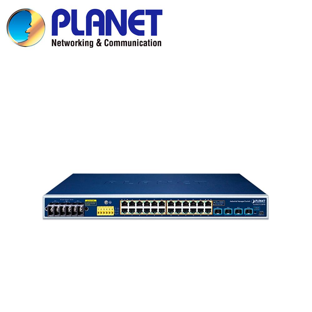 Switch Industrial POE Administrable L2+ Planet Igs-r4215-24p4x / 24 Puertos RJ45 Poeaf/at 10/100/1,000MBPS / 4 Puertos Sfp+ 100M/1/2.5/10GBPS / 1 Puerto Consola USB / Budget POE 240W / 2 Entradas/salidas Alarma Digital / Ruteo Estatico / Anillo Erps / Doble Fuente Alimentacion 48-54VCD / Temperatura Operacion -40 - 75 Grados Celsius