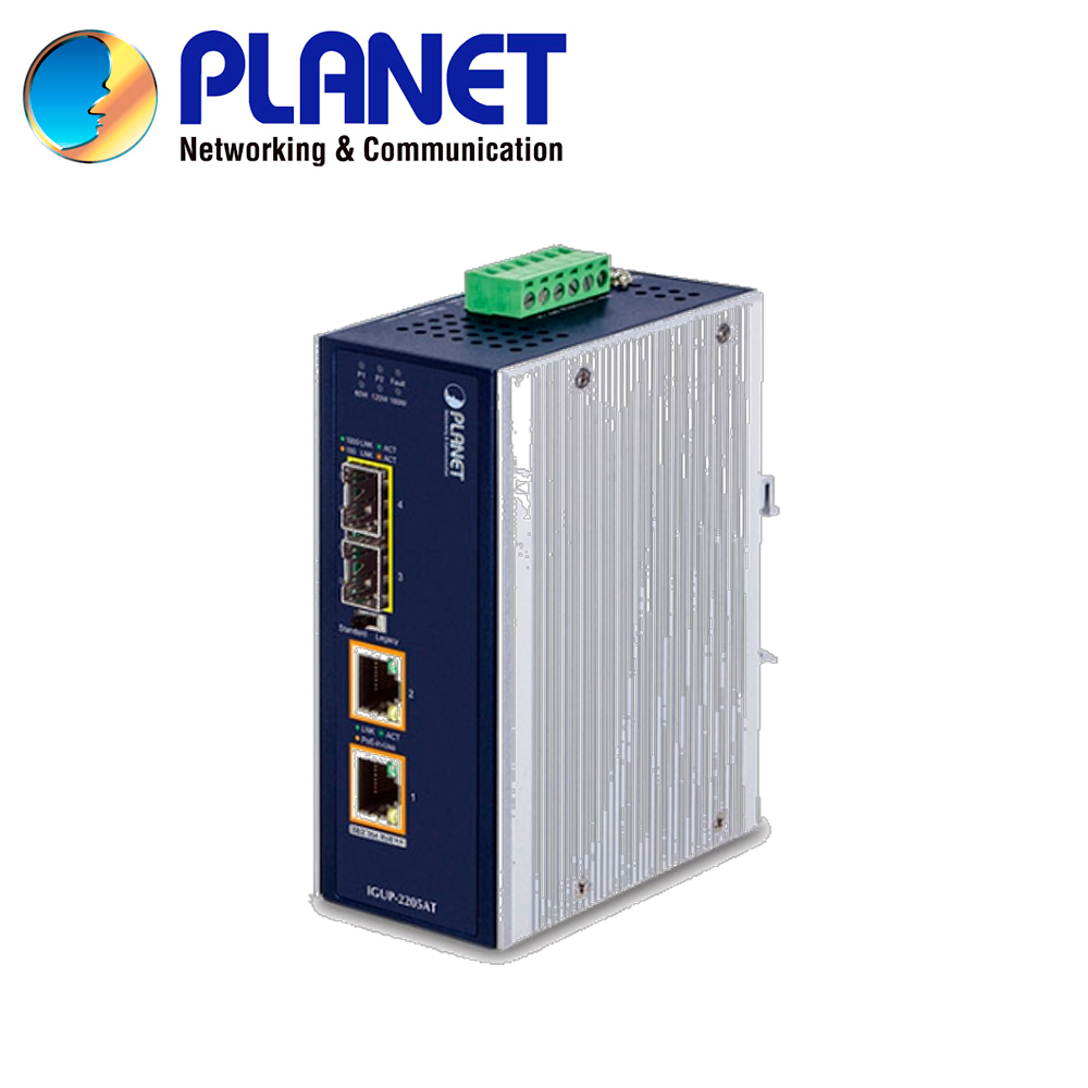 CONVERTIDOR DE MEDIOS POE INDUSTRIAL PLANET IGUP-2205AT / 2 PUERTOS RJ45 POE++AF/AT/BT 10/100/1,000MBPS / 2 PUERTOS OPTICOS SFP 100/1,000MBPS / ALIMENTACION 12-56VCD / MONTAJE DIN-RAIL/PARED / TEMPERATURA OPERACION -45 - 75 GRADOS CELSIUS
