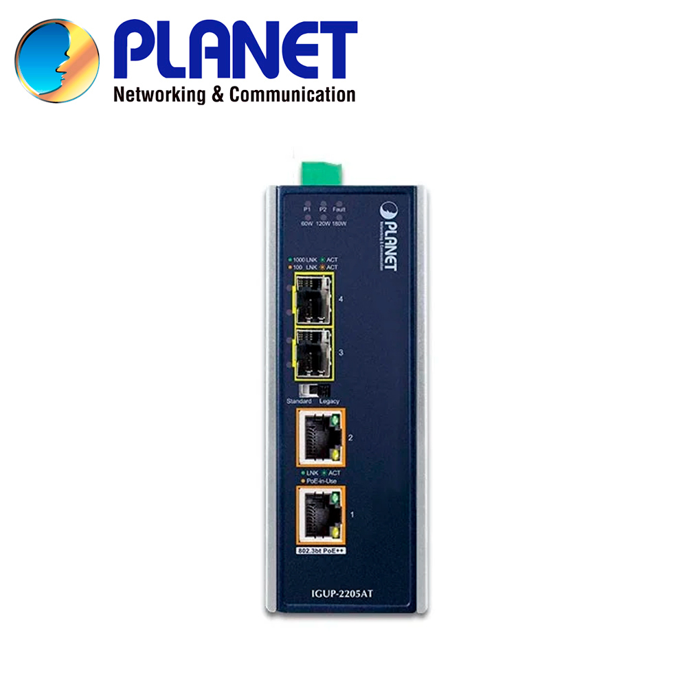 Convertidor De Medios POE Industrial Planet Igup-2205at / 2 Puertos RJ45 Poe++af/at/bt 10/100/1,000MBPS / 2 Puertos Opticos SFP 100/1,000MBPS / Alimentacion 12-56VCD / Montaje Din-rail/pared / Temperatura Operacion -45 - 75 Grados Celsius