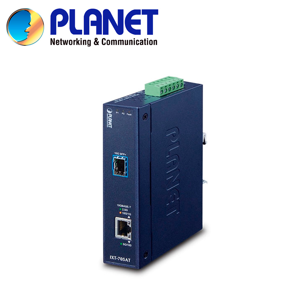 CONVERTIDOR DE MEDIOS INDUSTRIAL PLANET IXT-705AT / 1 PUERTO RJ45 100M/1/2.5/5/10GBPS / 1 PUERTO OPTICO SFP+ 10GBPS / DOBLE ALIMENTACION 12-48VCD/24VCA / MONTAJE DIN-RAIL/PARED / TEMPERATURA OPERACION -45 - 75 GRADOS CELSIUS