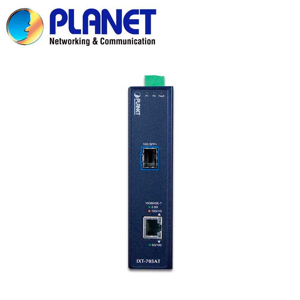 Convertidor De Medios Industrial Planet Ixt-705at / 1 Puerto RJ45 100M/1/2.5/5/10GBPS / 1 Puerto Optico Sfp+ 10GBPS / Doble Alimentacion 12-48VCD/24VCA / Montaje Din-rail/pared / Temperatura Operacion -45 - 75 Grados Celsius