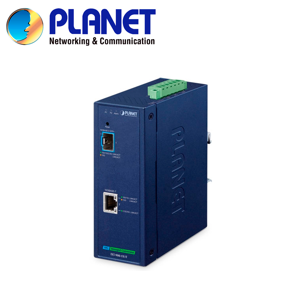 CONVERTIDOR DE MEDIOS INDUSTRIAL ADMINISTRABLE PLANET IXT-900-1X1T / 1 PUERTO RJ45 100M/1/2.5/5/10GBPS / 1 PUERTO OPTICO SFP+ 100M/1/2.5/10GBPS / LFP SNMP / VLAN NMS / ALIMENTACION 9-48VCD/24VCA / MONTAJE DIN-RAIL/PARED / TEMPERATURA OPERACION -45 - 75 GRADOS CELSIUS