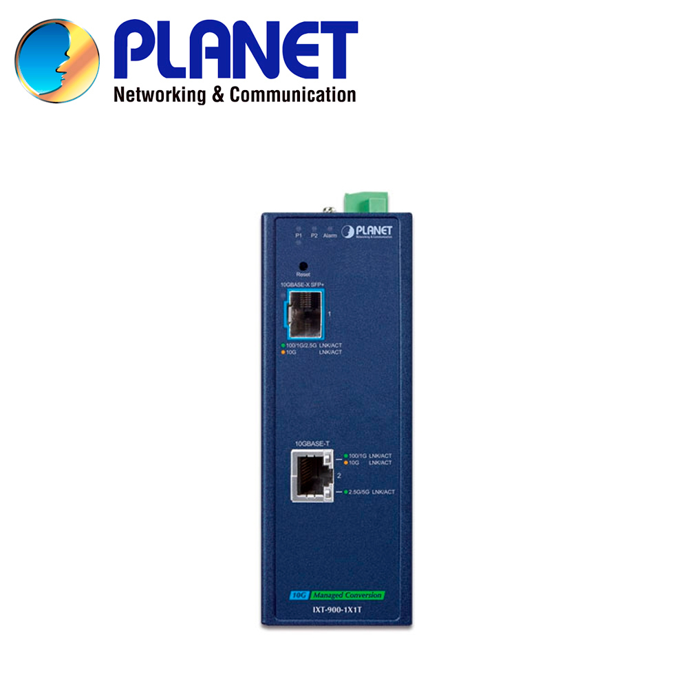 Convertidor De Medios Industrial Administrable Planet Ixt-900-1x1t / 1 Puerto RJ45 100M/1/2.5/5/10GBPS / 1 Puerto Optico Sfp+ 100M/1/2.5/10GBPS / Lfp Snmp / Vlan Nms / Alimentacion 9-48VCD/24VCA / Montaje Din-rail/pared / Temperatura Operacion -45 - 75 Grados Celsius