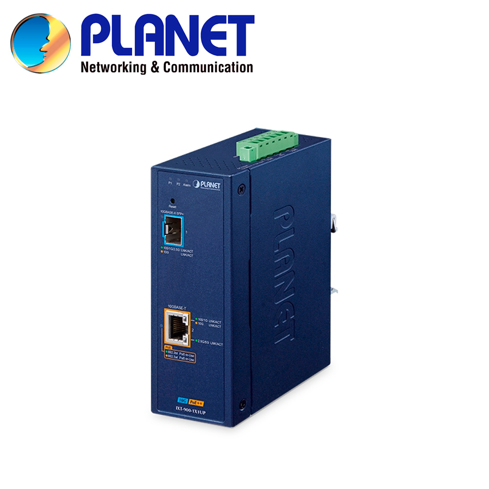 CONVERTIDOR DE MEDIOS POE INDUSTRIAL ADMINISTRABLE PLANET IXT-900-1X1UP
/ 1 PUERTO RJ45 POE++AF/AT/BT 100M/1/2.5/5/10GBPS / 1 PUERTO OPTICO SFP+ 100M/1/2.5/10GBPS / LFP SNMP / VLAN NMS / ALIMENTACION 12-54VCD / MONTAJE DIN-RAIL/PARED / TEMPERATURA OPERACION -40 - 75 GRADOS CELSIUS
