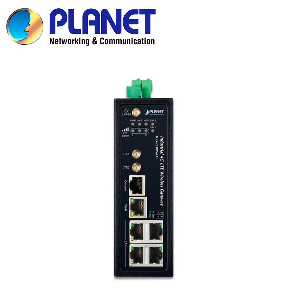Router Celular 4G Lte Industrial Planet Icg-2510w-lte-us / 2 Slots Mini Sim / 2 Antenas Externas 5DBI Para Lte / 4 Puertos Lan RJ45 10/100/1,000MBPS / 1 Puerto Wan RJ45 10/100/1,000MBPS / 1 Puerto Consola / 1 Antena Wifi 11DBI Doble Banda (2.4 Y 5GHZ) / Instalacion Din-rail/escritorio / 2 Entradas/salidas Digital De Alarma / Alimentacion 9-36VCD