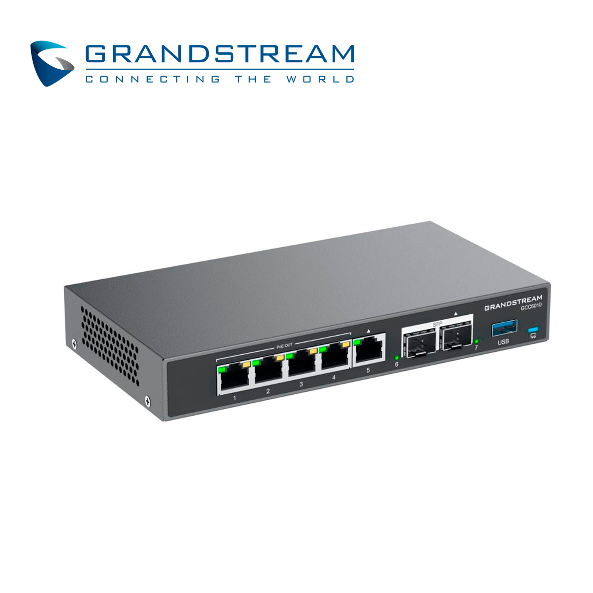 DISPOSITIVO 4 EN 1 GRANDSTREAM GCC6010 CONMUTADOR IP / FIREWALL / RUTEADOR VPN / SWITCH 5 PUERTOS GIGA WAN/LAN / 4 PUERTOS POE AF/AT / 2 PUERTOS SFP 2.5GBPS / 12 USUARIOS / 4 LLAMADAS SIMULTANEAS / ADMINISTRABLE CLOUD GDMS