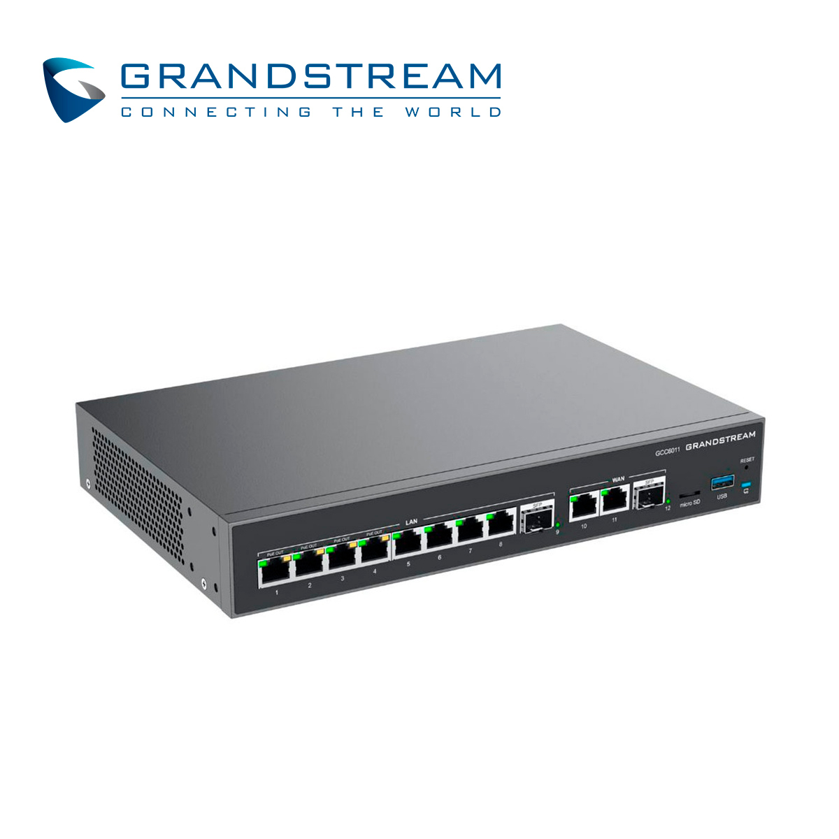 DISPOSITIVO 4 EN 1 GRANDSTREAM GCC6011 CONMUTADOR IP / FIREWALL / RUTEADOR VPN / SWITCH 10 PUERTOS GIGA / 3 PUERTOS WAN FIJOS / 4 PUERTOS POE AF/AT / 2 PUERTOS SFP 2.5GBPS / 12 USUARIOS / 4 LLAMADAS SIMULTANEAS / ADMINISTRABLE CLOUD GDMS