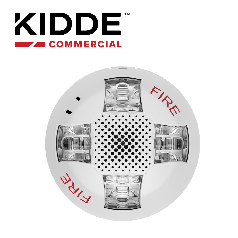 SIRENA CON LUZ ESTROBOSCOPICA MONTAJE EN  TECHO  / KIDDE  EGCAVWF / COLOR BLANCO  CON LA PALABRA FIRE  15-115 CD  INCLUYE  PLACA DE CABLEADO GRSW 
