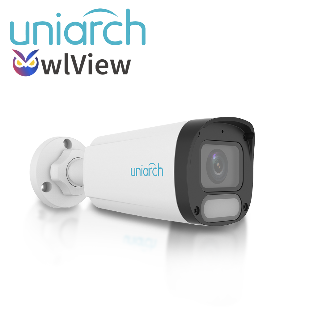 CAMARA IP BULLET OWLVIEW UNIARCH IPC-B244-ADF28K-WP / 4MP / LENTE 2.8MM / WDR120DB / LUZ-BLANCA+LUZ-CALIDA30M / MICROSD512GB / MICROFONO-INTEGRADO / ULTRA-MOTION-DETECTION / POE-AF / ONVIF / 3-AXIS / IP67 / METAL+PLASTICO / ULTRA265 / NDAA / SERIE HALO / MODOCORREDOR
