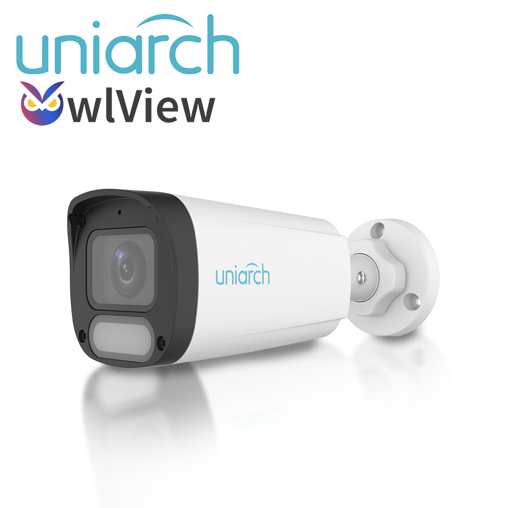 CAMARA IP BULLET OWLVIEW UNIARCH IPC-B244-ADF28K-WP / 4MP / LENTE 2.8MM / WDR120DB / LUZ-BLANCA+LUZ-CALIDA30M / MICROSD512GB / MICROFONO-INTEGRADO / ULTRA-MOTION-DETECTION / POE-AF / ONVIF / 3-AXIS / IP67 / METAL+PLASTICO / ULTRA265 / NDAA / SERIE HALO / MODOCORREDOR