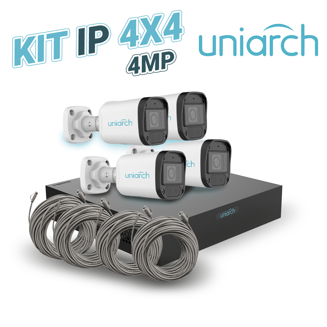 KIT 4X4 UNIARCH IP EXTERIOR BULLET 4MP INCLUYE 1 NVR POE 4PTOS + 4 CAM BULLET IP 4MP 2.8MM SLOT MICROSD + 4 CABLES PREPONCHADOS DE 18MTS