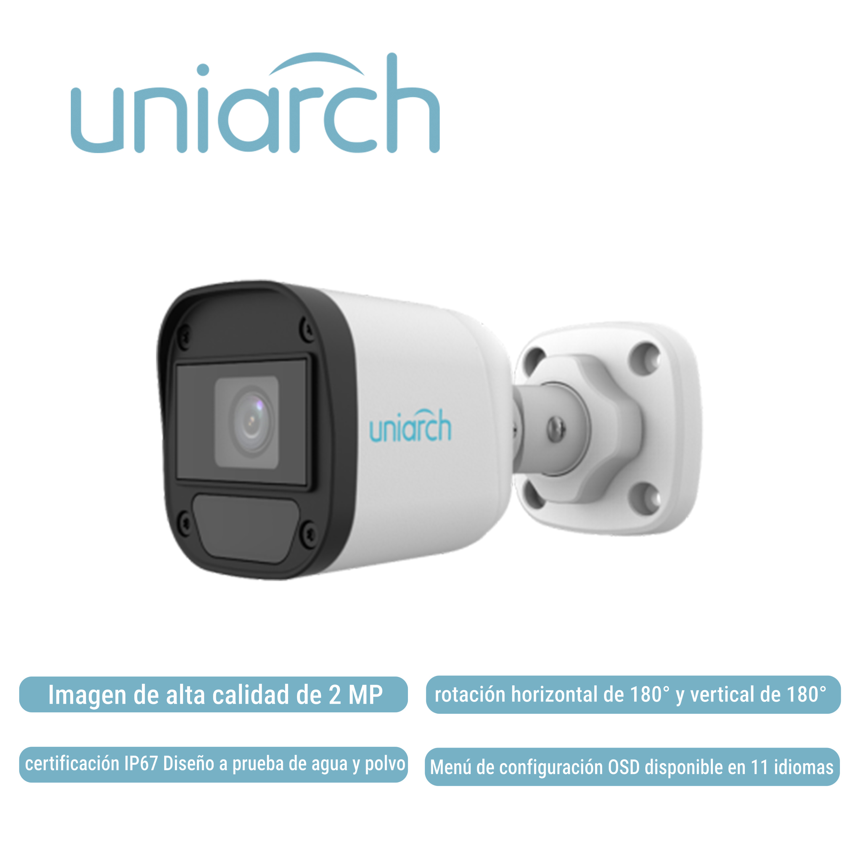 Camara Analoga Bullet Uniarch Uac-b112-f28-x-h / 2MP / Tvi/ahd/cvi: 1080P@30fps / Lente-2.8mm / Dwdr / Ir20m / Osd-menu / 3DNR / Interior+exterior / Admite-giro180grados(horizontal+vertical) / Plastica / Ip67 / 12VCD