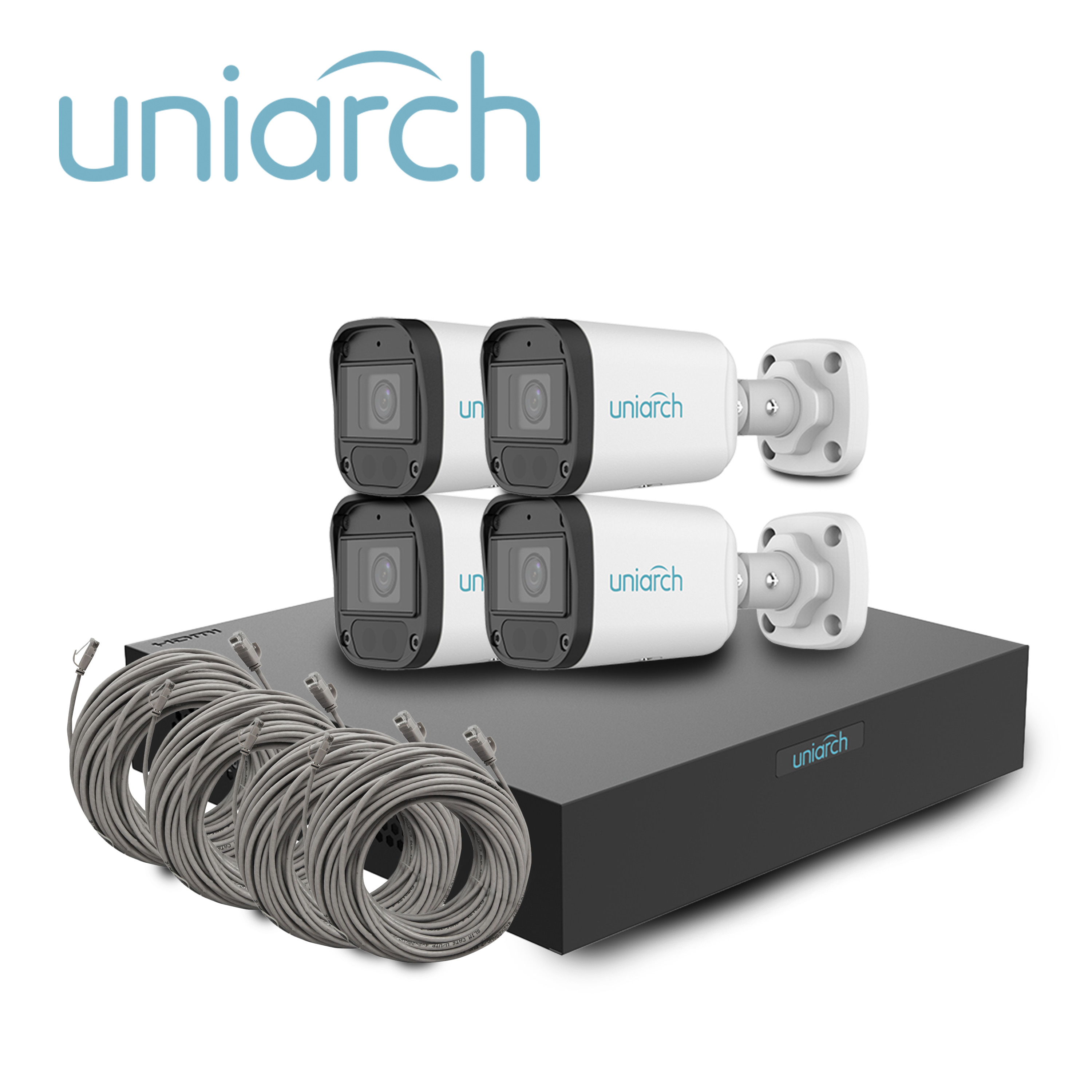 KIT UNIARCH IP BULLET 2MP / 4 CÁMARAS TIPO BULLET IPC-B122-APF28K CON LENTE FIJO 2.8 MM / MIC-INTEGRADO / MICROSD-128GB / ULTRA265 / DWDR / DIGITAL-DEFOG / MOTION-DETECTION / ONVIF / 3-AXIS / IR 30M / IP67 / POE-AF / 1NVR-104S3-P4- ECO Y 4-CABLES-PREARMADOS-CAT6