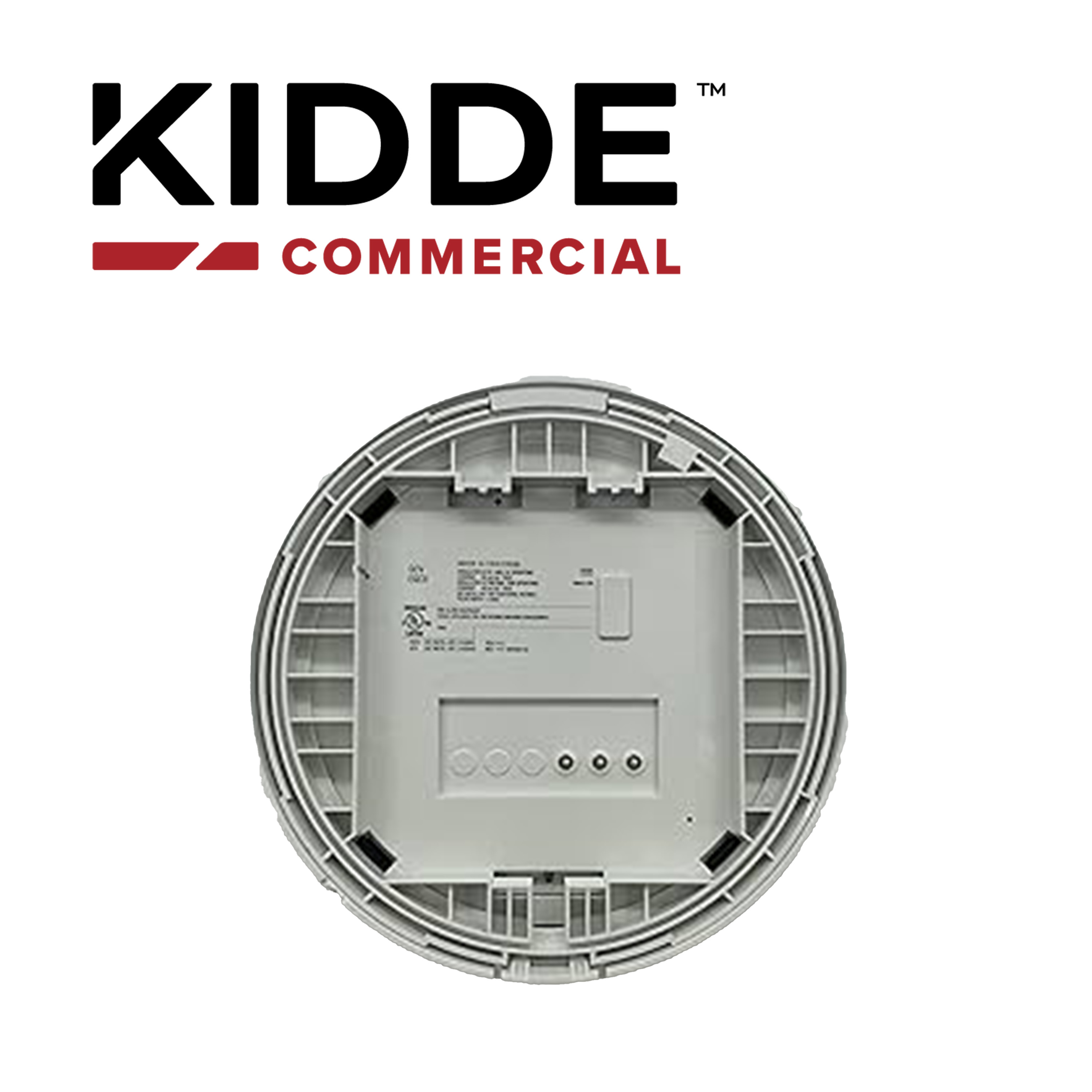 SIRENA CON LUZ ESTROBOSCOPICA MONTAJE EN  TECHO  / KIDDE  EGCAVWF / COLOR BLANCO  CON LA PALABRA FIRE  15-115 CD  INCLUYE  PLACA DE CABLEADO GRSW 