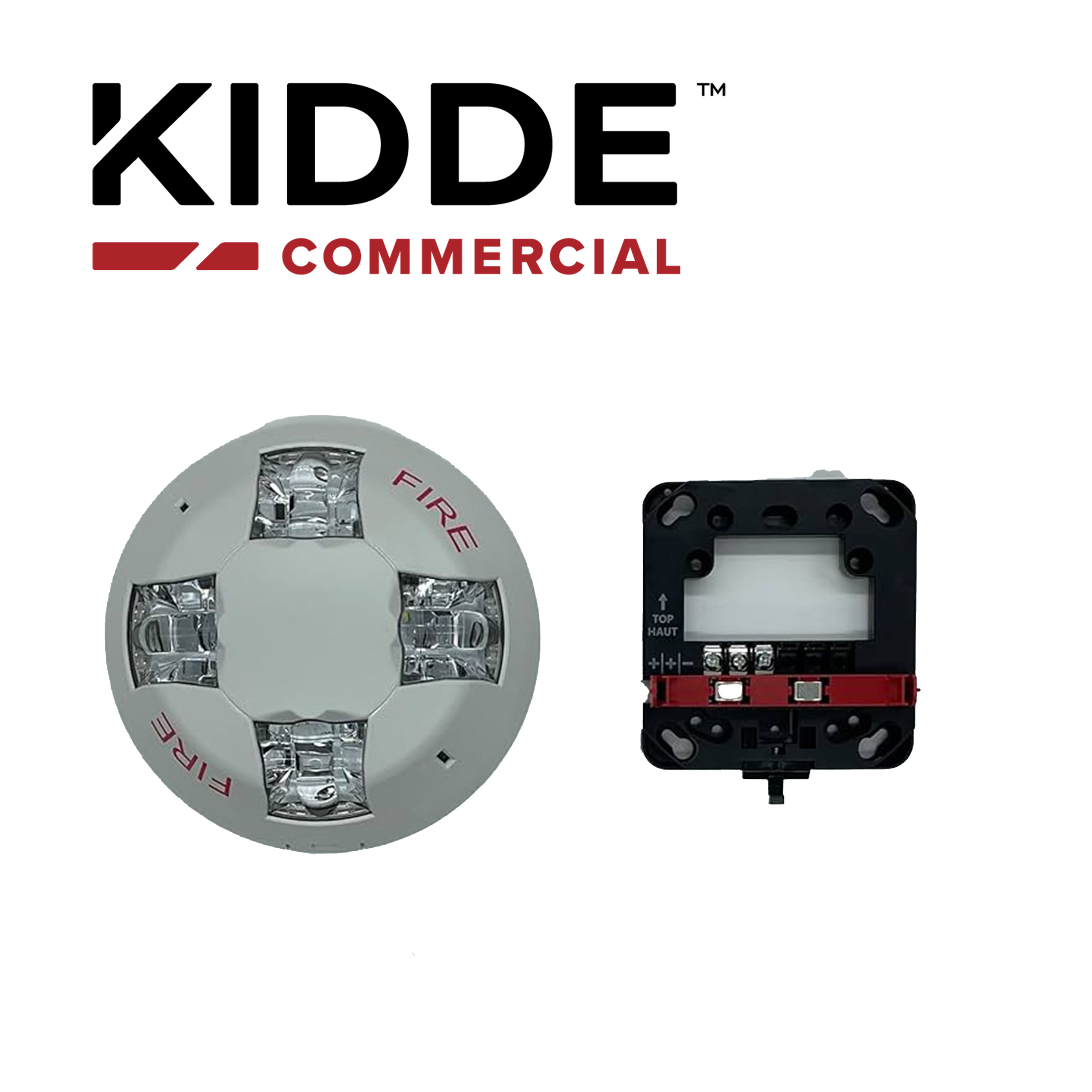 SIRENA CON LUZ ESTROBOSCOPICA MONTAJE EN  TECHO  / KIDDE  EGCAVWF / COLOR BLANCO  CON LA PALABRA FIRE  15-115 CD  INCLUYE  PLACA DE CABLEADO GRSW 