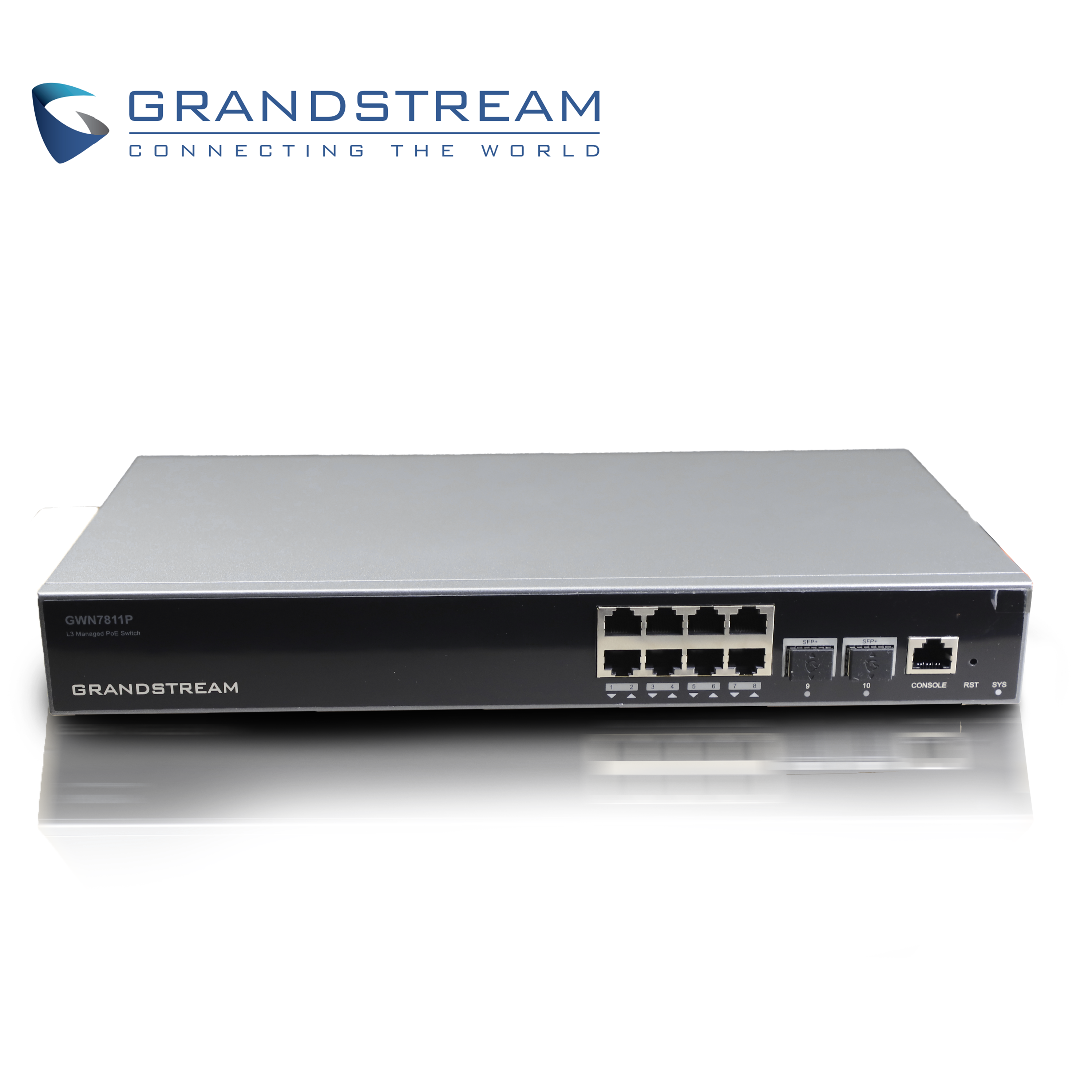 SWITCH ADMINISTRABLE POE+ CAPA 3 GRANDSTREAM GWN7811P / 8 PUERTOS 10/100/1,000MBPS / 8 PUERTOS POE+ AF/AT / 2 PUERTOS SFP+ 10GIGABIT / ROUNTING OSPFV3/BGP / QOS / VLAN / RADIUS/TACACS+ / ADMINISTRACION GWN CLOUD / MONTAJE ESCRITORIO/RACK / METALICO