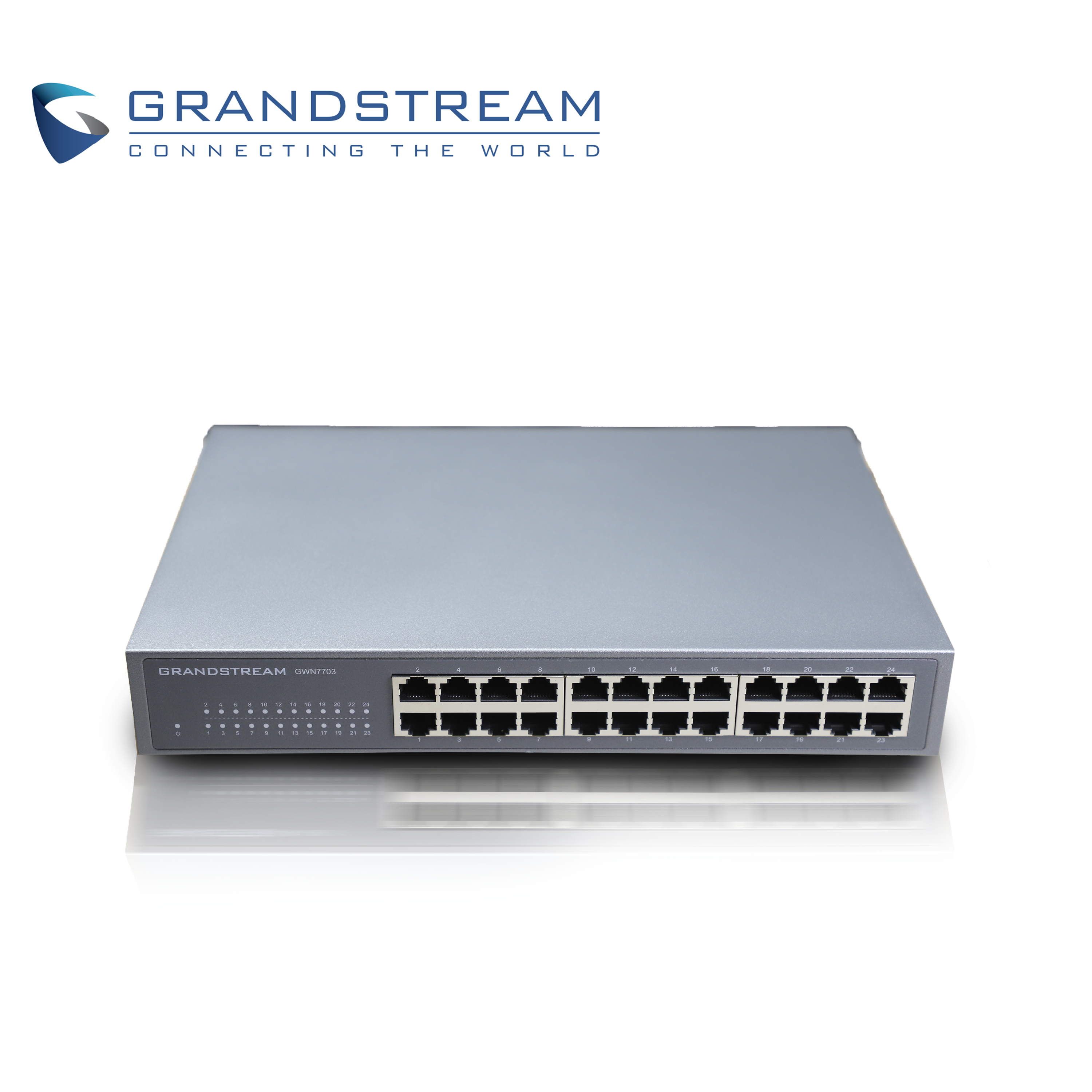 SWITCH NO ADMINISTRABLE GRANDSTREAM GWN7703 / 24 PUERTOS 10/100/1,000MBPS / MONTAJE ESCRITORIO/PARED / ALIMENTACION 100-240VCA/150W / METALICO
