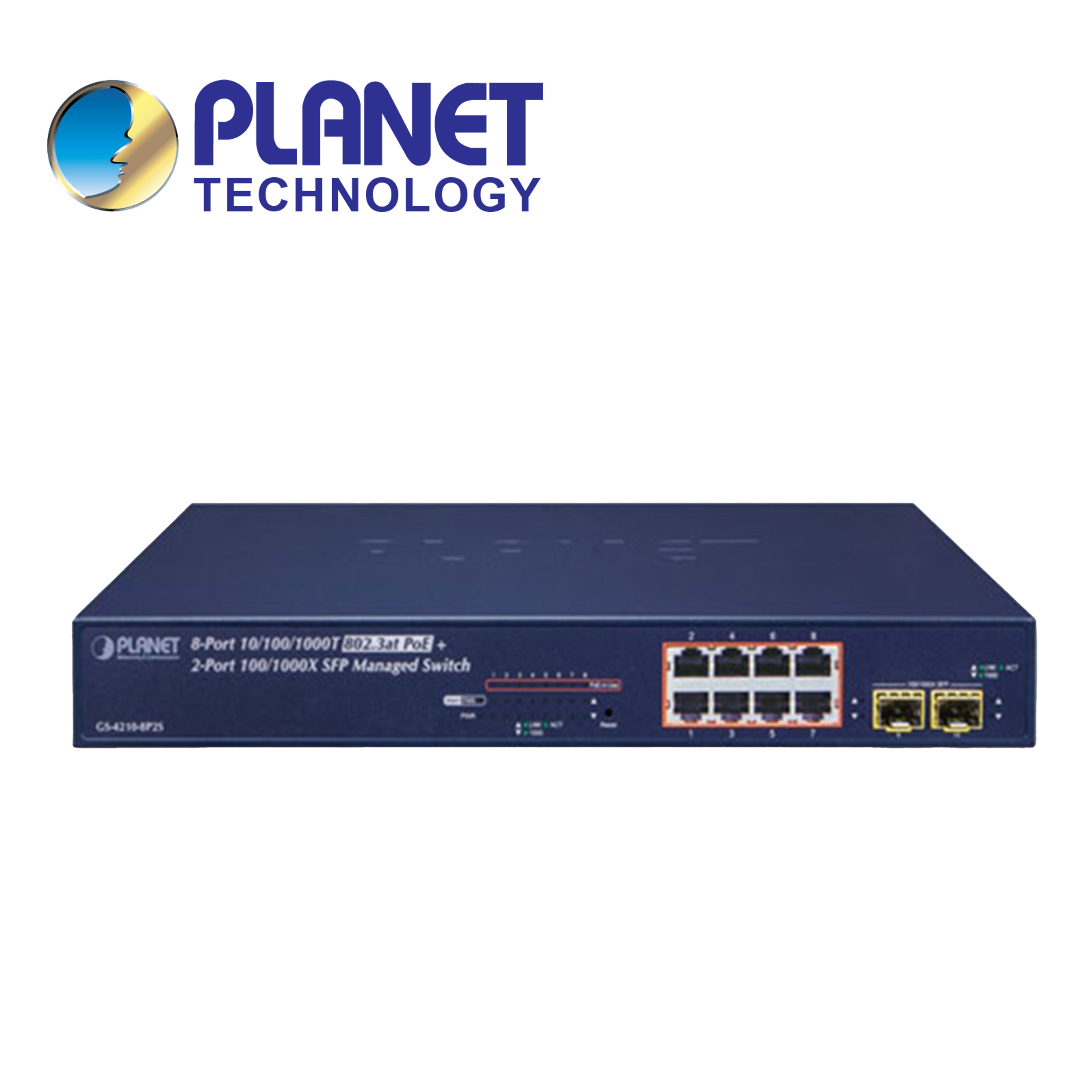 Switch Administrable L2/l4 Gs-4210-8p2s Planet / 8 Puertos RJ45 10/100/1,000 Mbps POE Af/at / 2 Puertos SFP 100/1,000 Mbps / 140 Watts / Cyberseguridad / Erps Ring / Cloudviewer App / Montaje En Rack