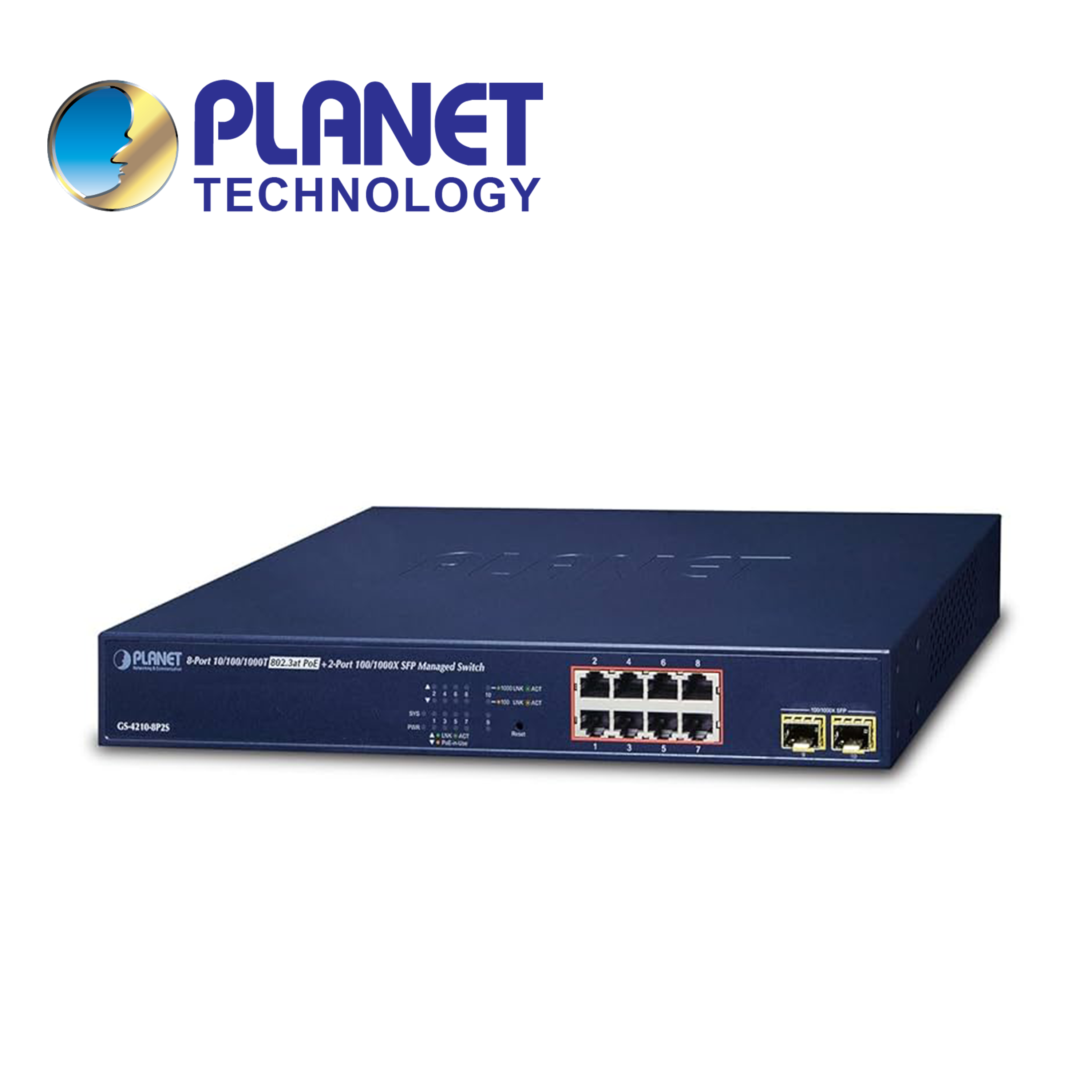 Switch Administrable L2/l4 Gs-4210-8p2s Planet / 8 Puertos RJ45 10/100/1,000 Mbps POE Af/at / 2 Puertos SFP 100/1,000 Mbps / 140 Watts / Cyberseguridad / Erps Ring / Cloudviewer App / Montaje En Rack