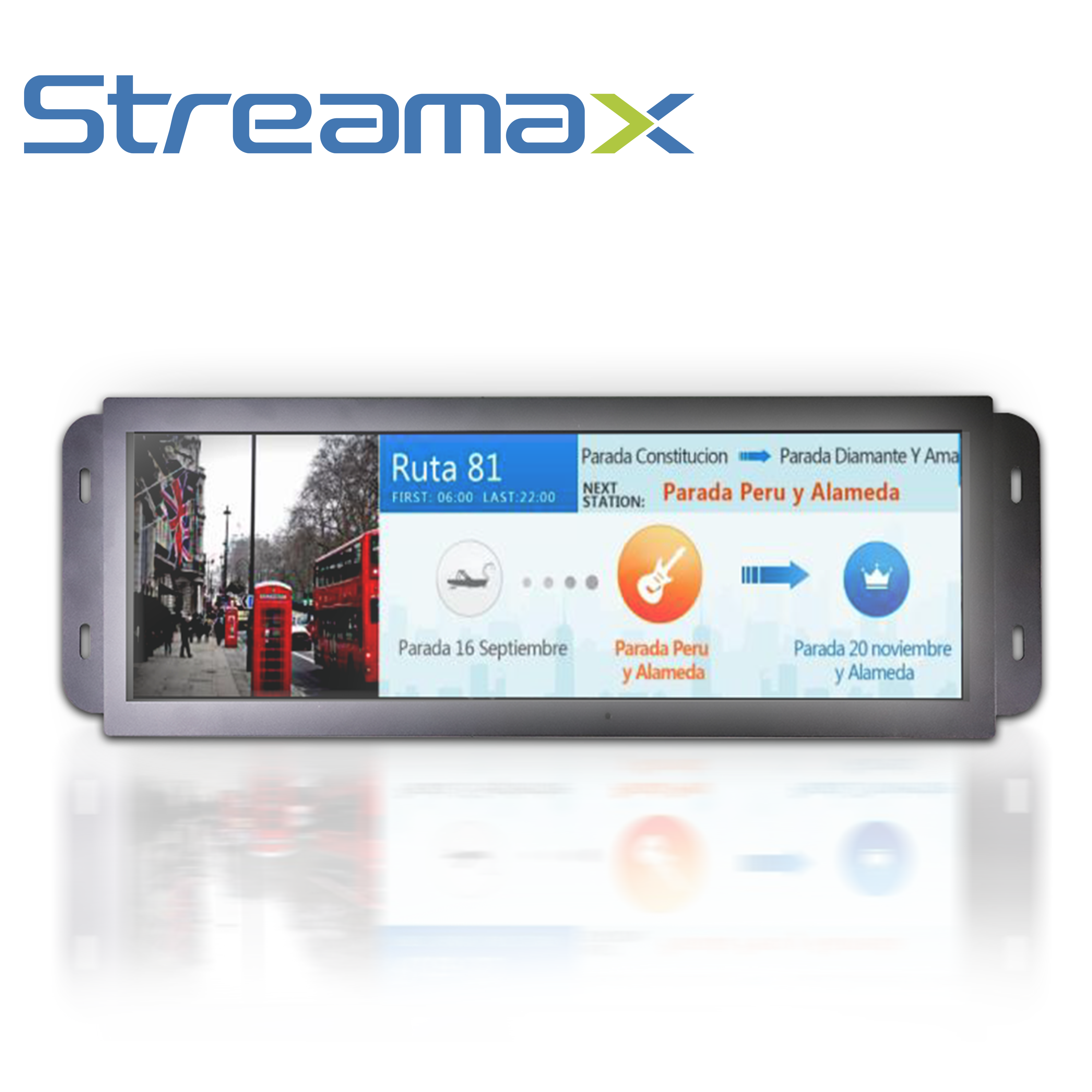 DISPLAY DE PASAJEROS PARA SOLUCION EN AUTOBUS STREAMAX ML16MAX-286 / 28.6 PULGADAS / CONECTOR DJ7031-6.3-21 / FIJACION EN TECHO O PARED COLGANTE / PARA ANUNCIAR PARADAS, ESTACIONES Y TIEMPO / SISTEMA OPERATIVO ANDROID