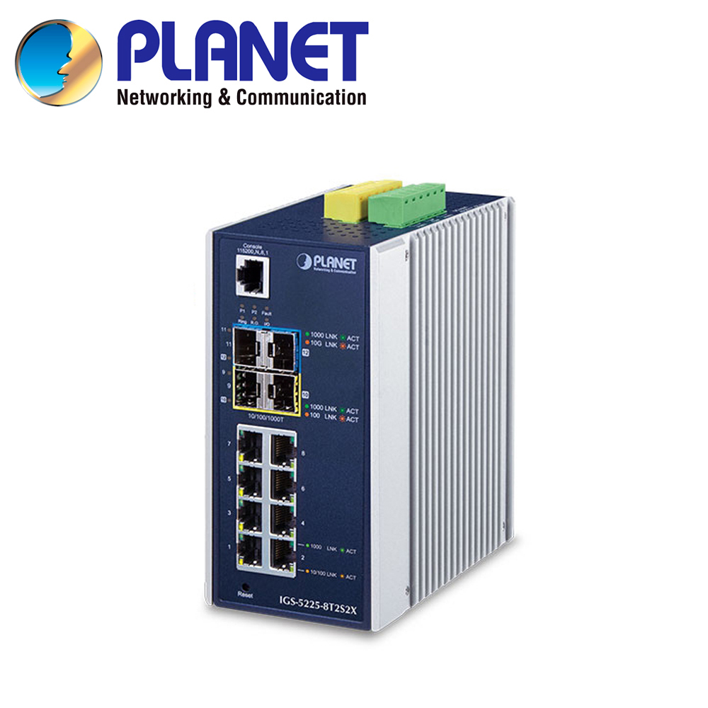 SWITCH INDUSTRIAL ADMINISTRABLE L3+ PLANET IGS-5225-8T2S2X / 8 PUERTOS RJ45 10/100/1,000MBPS / 2 PUERTOS SFP 100M/1/2.5GBPS / 2 PUERTO SFP+ 1/2.5/10GBPS / 1 PUERTO CONSOLA / 2 ENTRADAS/SALIDAS ALARMA DIGITAL / ANILLO ERPS / NMS / ROUTING ESTATICO / FUENTE DE ALIMENTACION REDUNDANTE 100-240VCA/9-48VCD