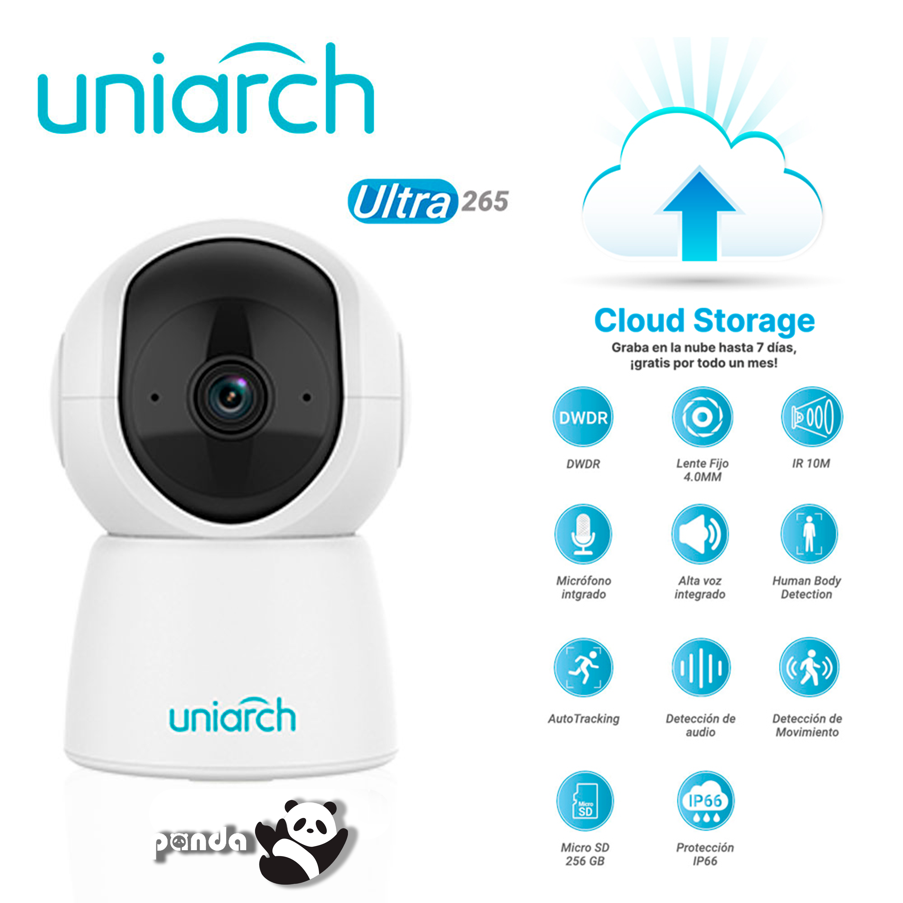 CAMARA IP MINI PT WIFI UNIARCH UHO-S2E-M3 / 3MP / ULTRA 265 / DC 5V/1A / DWDR / LENTE FIJO DE 4.0 MM / IR HASTA 10M / MICROFONO Y ALTAVOZ INTEGRADOS / HUMAN BODY DETECTION / AUTOTRACKING / DETECCION DE AUDIO / DETECCION DE MOVIMIENTO / RANURA PARA MICRO SD HASTA 256 GB / IP66 / CLOUD-STORAGE-GRATUITO-1MES