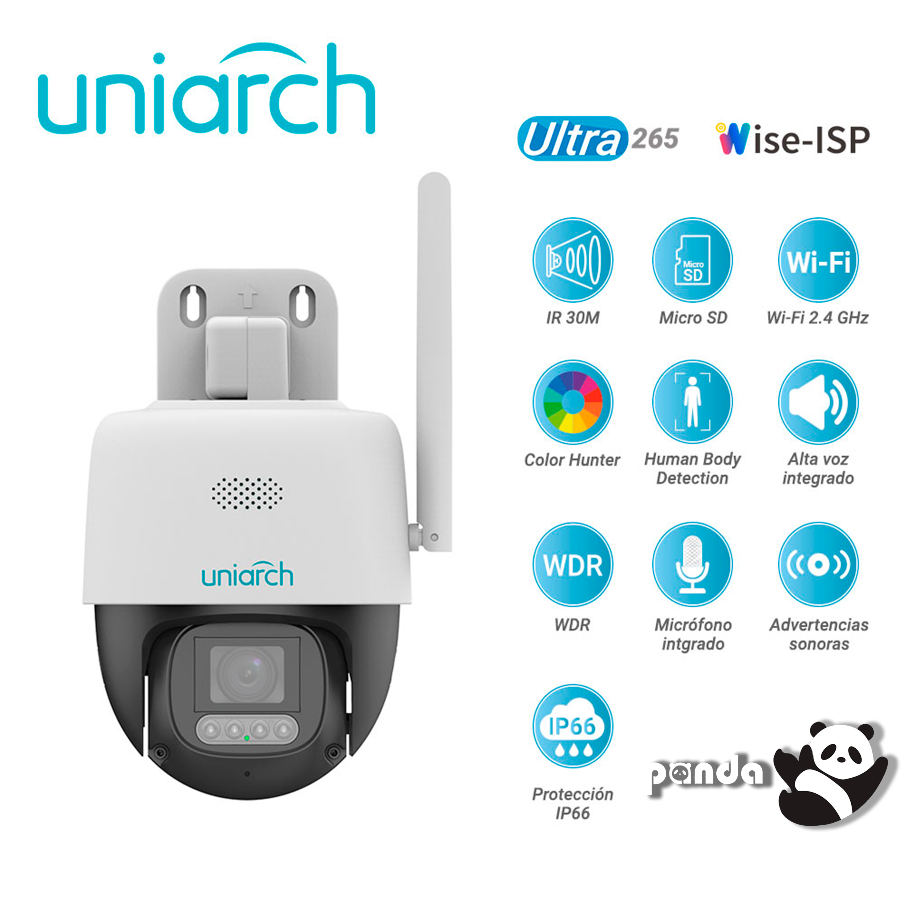 CAMARA IP PT WI-FI COLORHUNTER WISE-ISP UNIARCH UHO-P3C-M5F4 / 5MP / LENTE-4MM / DWDR / LUZ-CALIDA30M / MICROSD512GB / MICROFONO+ALTAVOZ-INTEGRADO / ADVERTENCIAS-SONORAS+LUMINOSAS /HUMAN-BODY-DETECTION / WI-FI2.4 / IP66 / ULTRA 265 / 12 VCD / CLOUD-STORAGE-GRATUITO-1MES
