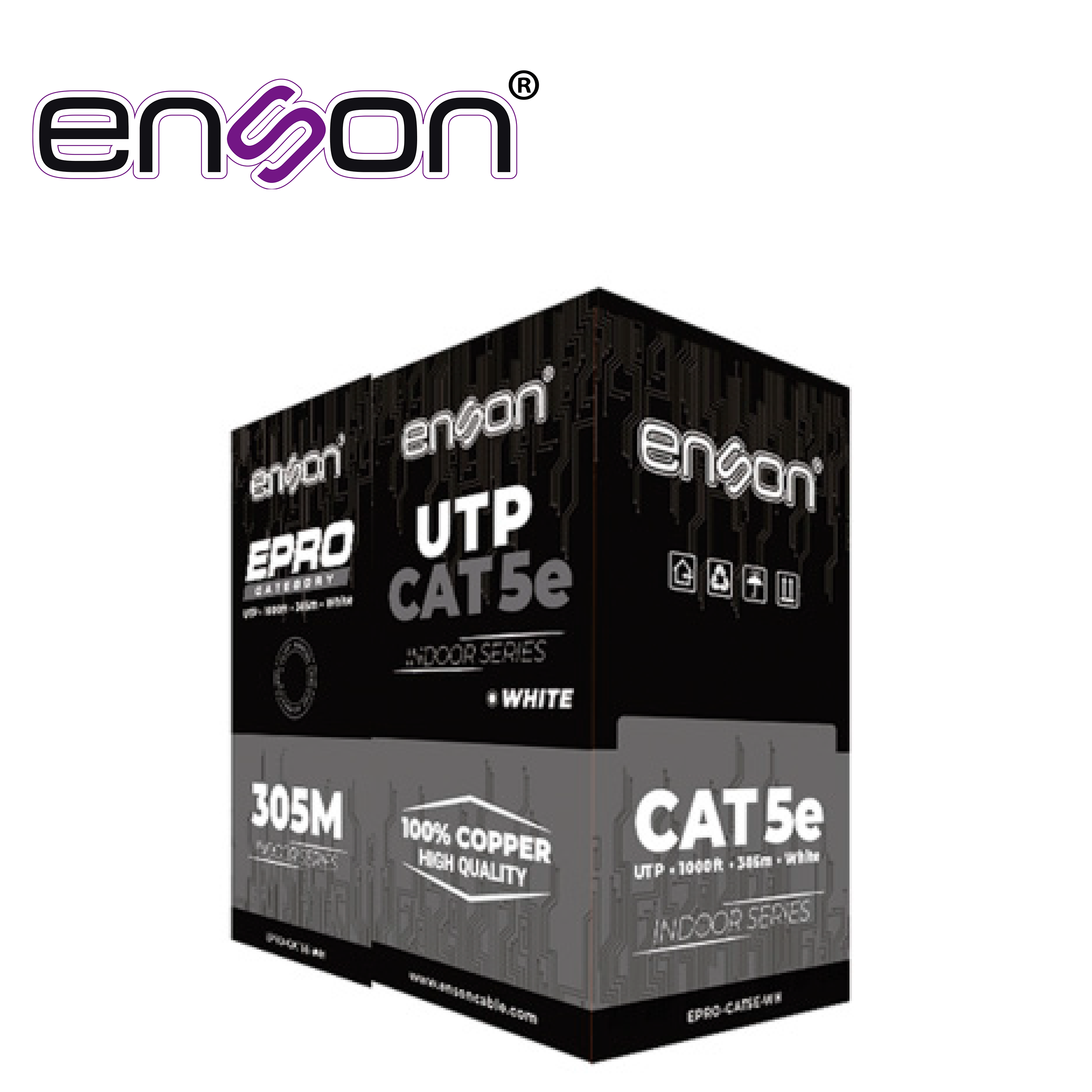 CABLE UTP CAT5E BLANCO ENSON EPRO-CAT5E-WH / FORRO PVC CM / 4 PARES / CALIBRE 24 AWG / 100% COBRE / USO INTERIOR / BOBINA 1000 PIES / 305 METROS / CERTIFICACION UL