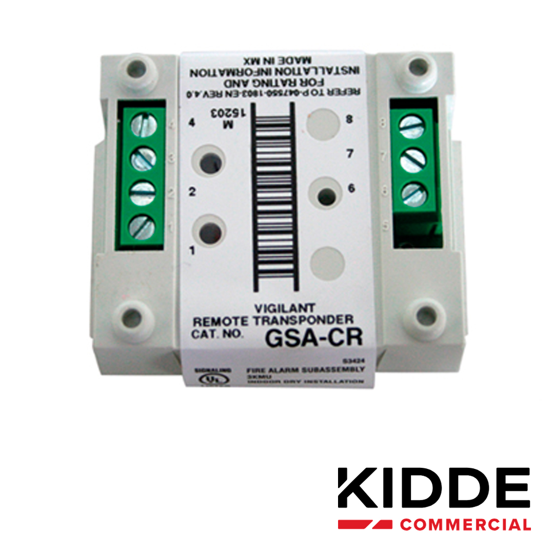 MODULO RELEVADOR VIGILANT GSA-CR CON DIRECCION ELECTRONICA (SIN SWITCHES) CONTACTOS DE SALIDA NORMALMENTE ABIERTO Y NORMALMENTE CERRADO, SE INTEGRA POR MEDIO DE LOS LAZOS DE COMUNICACION SLC A LOS PANELES VS1 Y VS4 DE KIDDE, LISTADO UL, ULC, CSFM, MEA