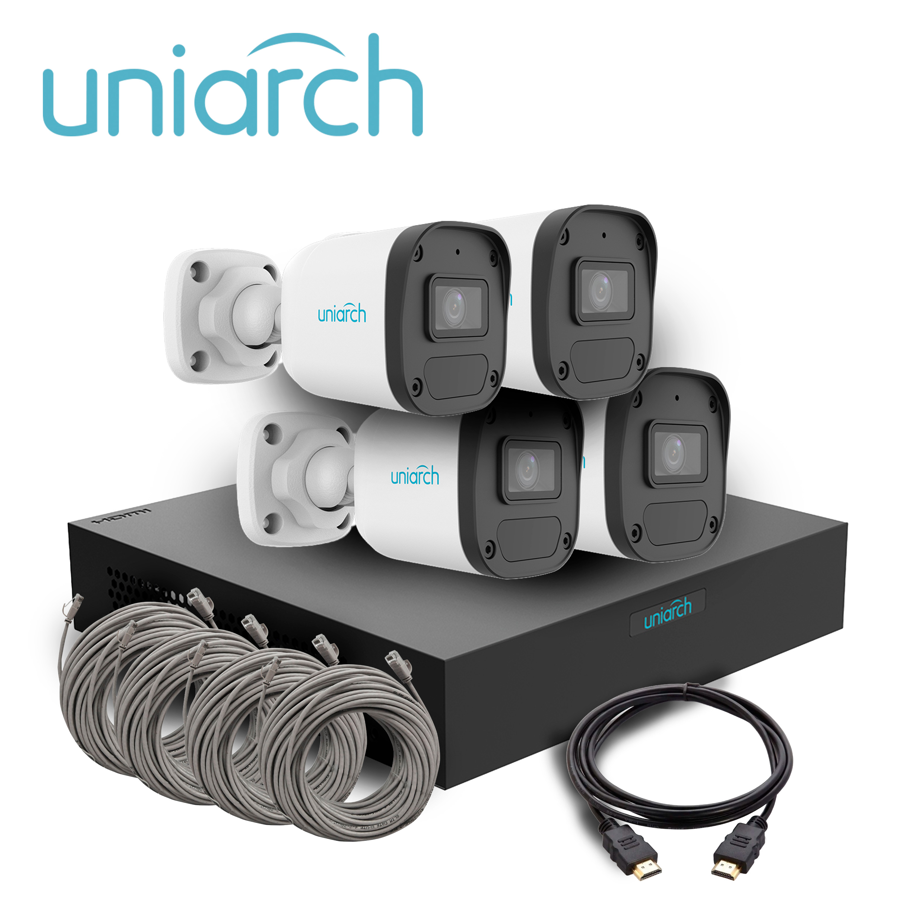 KIT MINI FIXED BULLET UNIARCH IPKIT-104S-4BC / 4CAMARAS-MINI- BULLET-2MP / IPC-B132-AF28-E / ULTRA265 / FULL-HD / LENTE 2.8 MM / DWDR / 30MIR MICROFONO INTEGRADO / HUMAN BODY DETECTION 2.0 / DETECCION DE AUDIO / POEAF / IP67 / 1-NVR-104S3-P4-E / HASTA-6MP / SOPORTA-HASTA-6TB / 2USB / HDMI/VGA-SIMULTANEOS / 4-PUERTOS-POE / 4-CABLES-UTP-18M / 1-CABLE-HDMI-2M / ONVIF / NDAA

