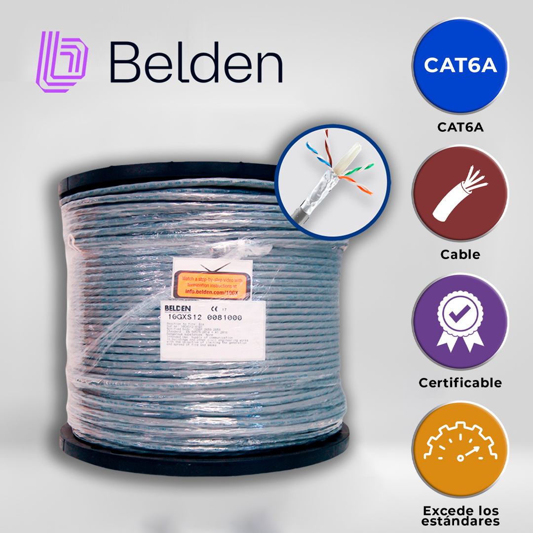 CABLE UTP CAT6A BELDEN 10GXS12 0081000 / INTERIOR / GRIS / 625MHZ / 4 PARES / 23 AWG / FORRO PVC / CMR / CERTIFICABLE / BOBINA / 1,000 PIES 305 METROS
